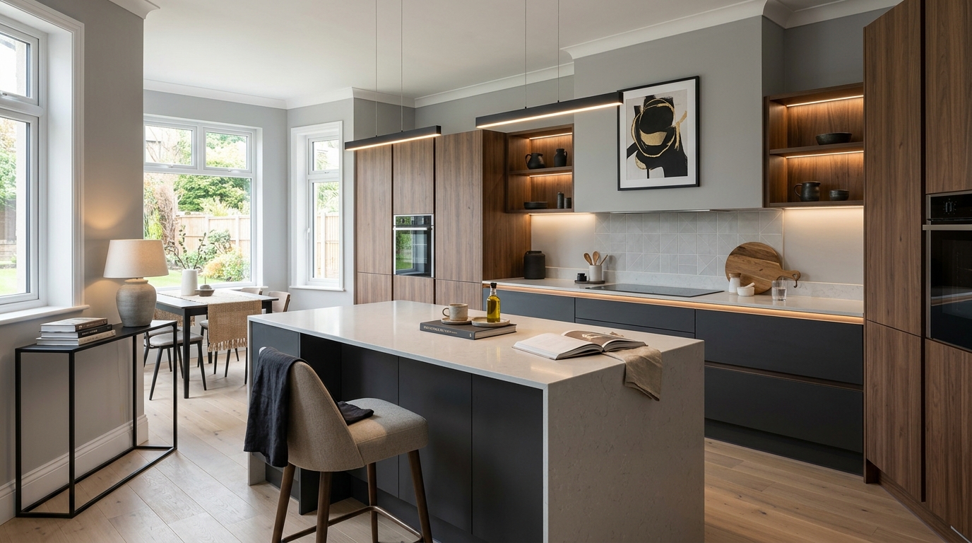 Wide view of a newly completed bespoke Mastercraft kitchen, contemporary painted lay-on cabinetry in cannon black tones