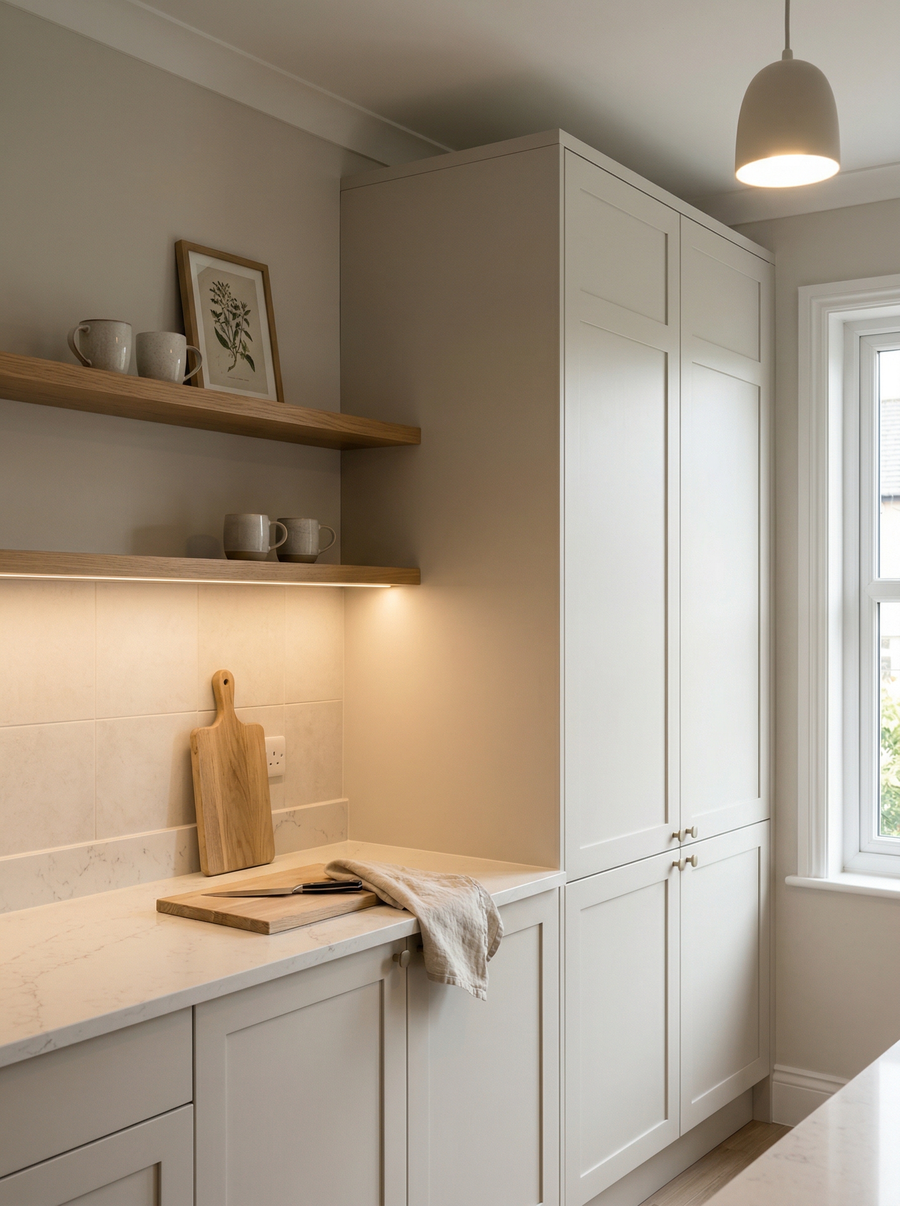 Tall view of full-height bespoke kitchen cabinetry, contemporary painted lay-on cabinetry