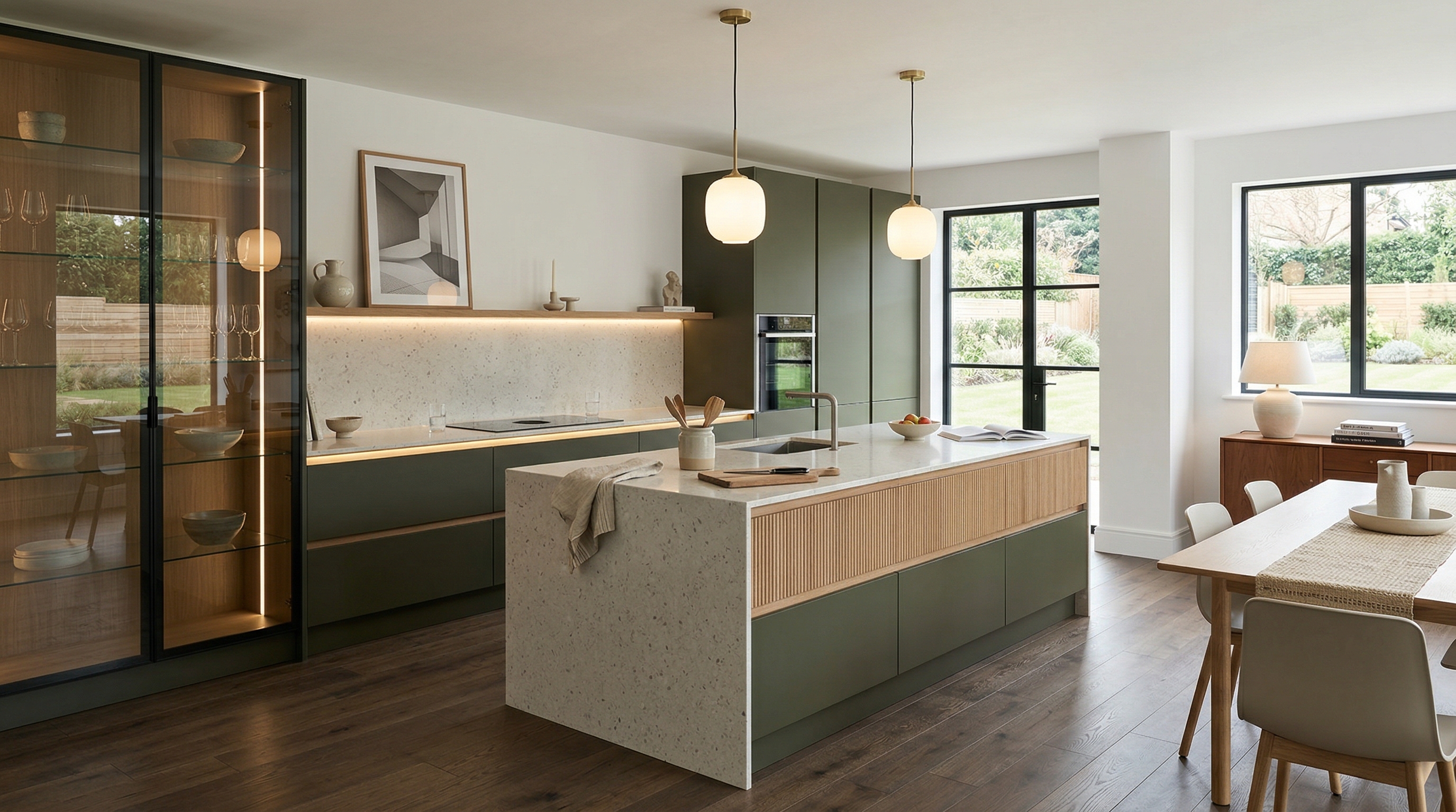 Mastercraft bespoke kitchen in Ampthill, wide architectural view showing room volume and design quality