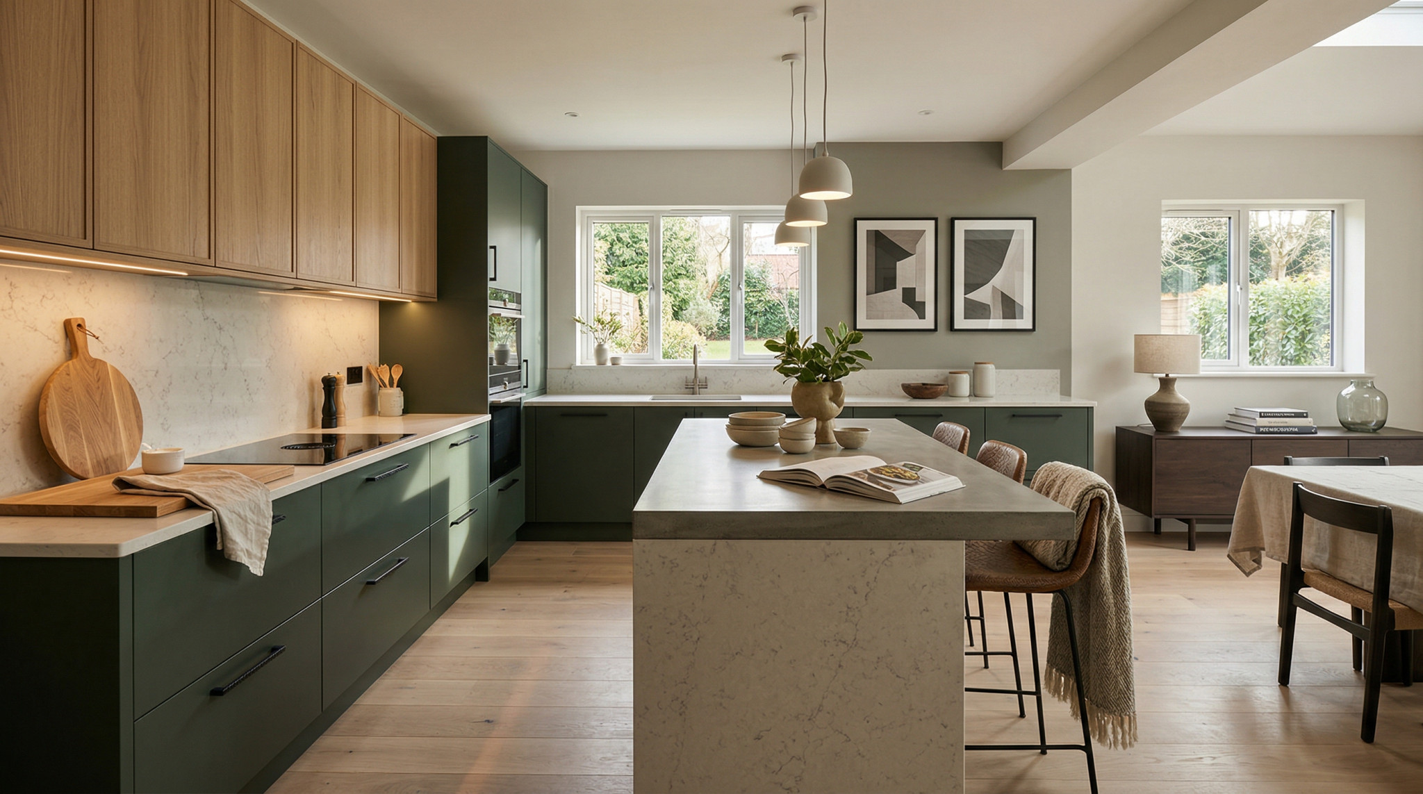 Wide view of a newly completed bespoke Mastercraft kitchen, matt painted handleless slab cabinetry in parisian blue tones