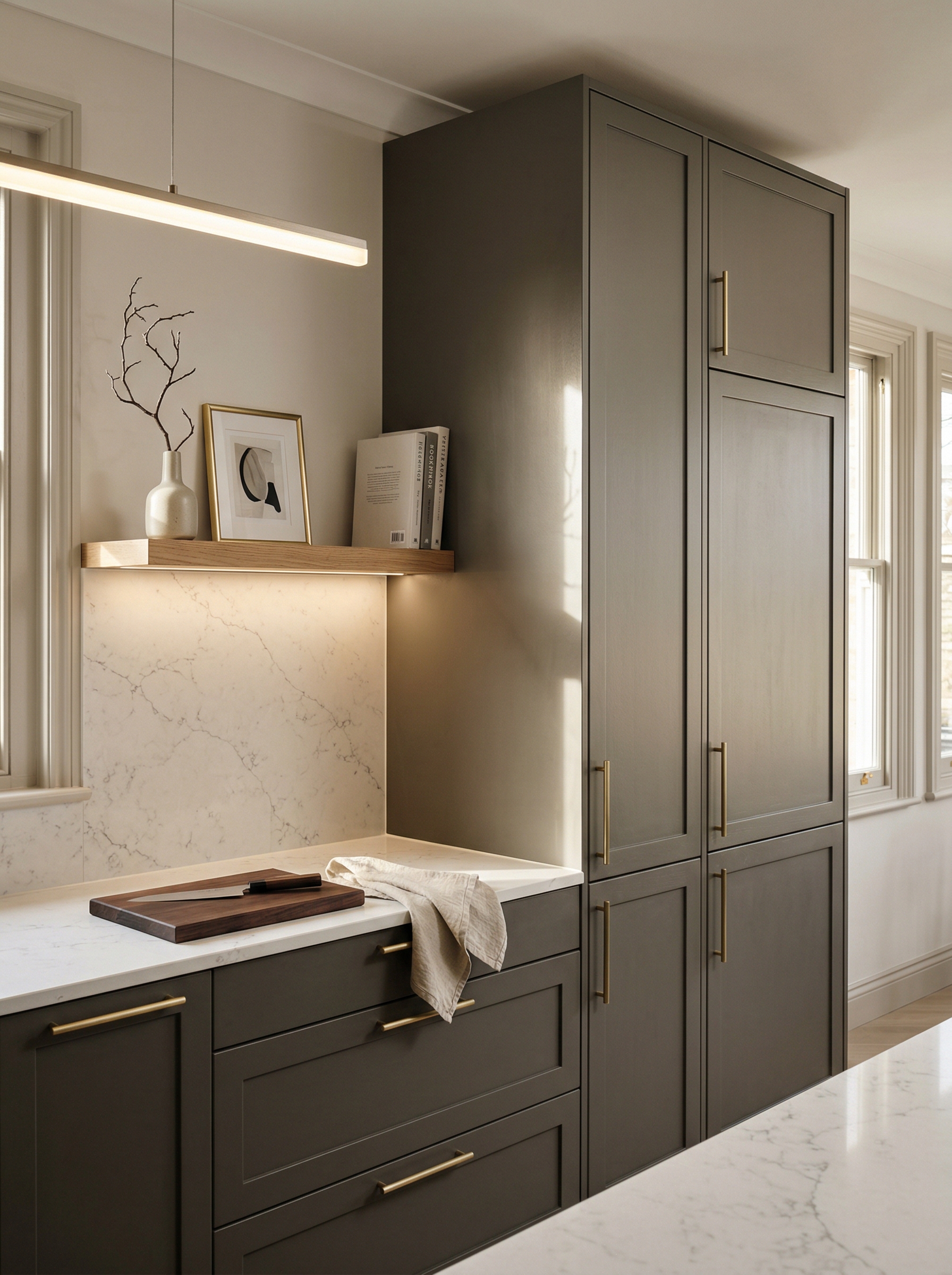 Tall view of full-height bespoke kitchen cabinetry, matt painted handleless slab cabinetry