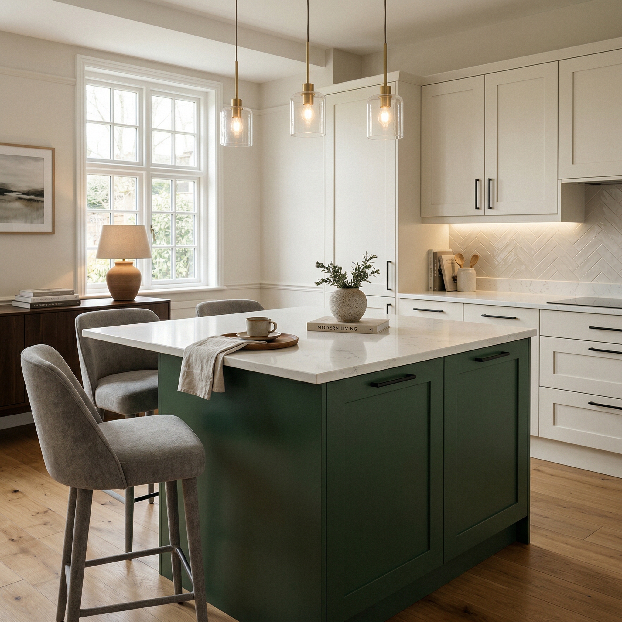 Bespoke kitchen island detail, matt painted handleless slab cabinetry with quality joinery