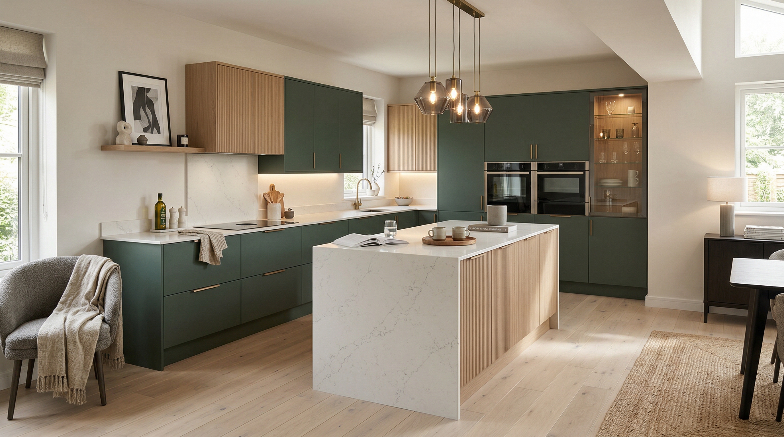 Wide view of a newly completed bespoke Mastercraft kitchen, timber veneer slab-door cabinetry in mussel tones