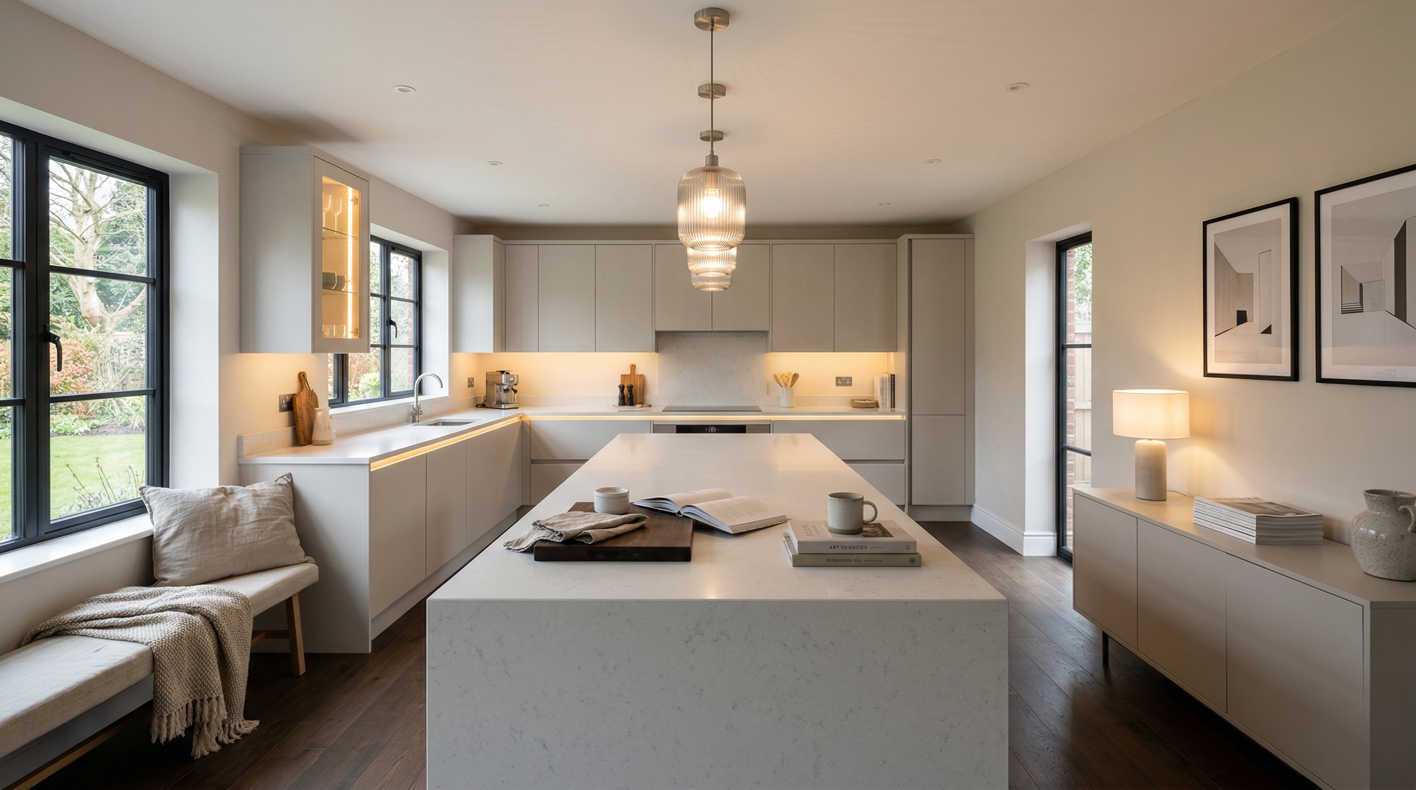 Wide view of a newly completed bespoke Mastercraft kitchen, matt painted handleless slab cabinetry in parisian blue tones