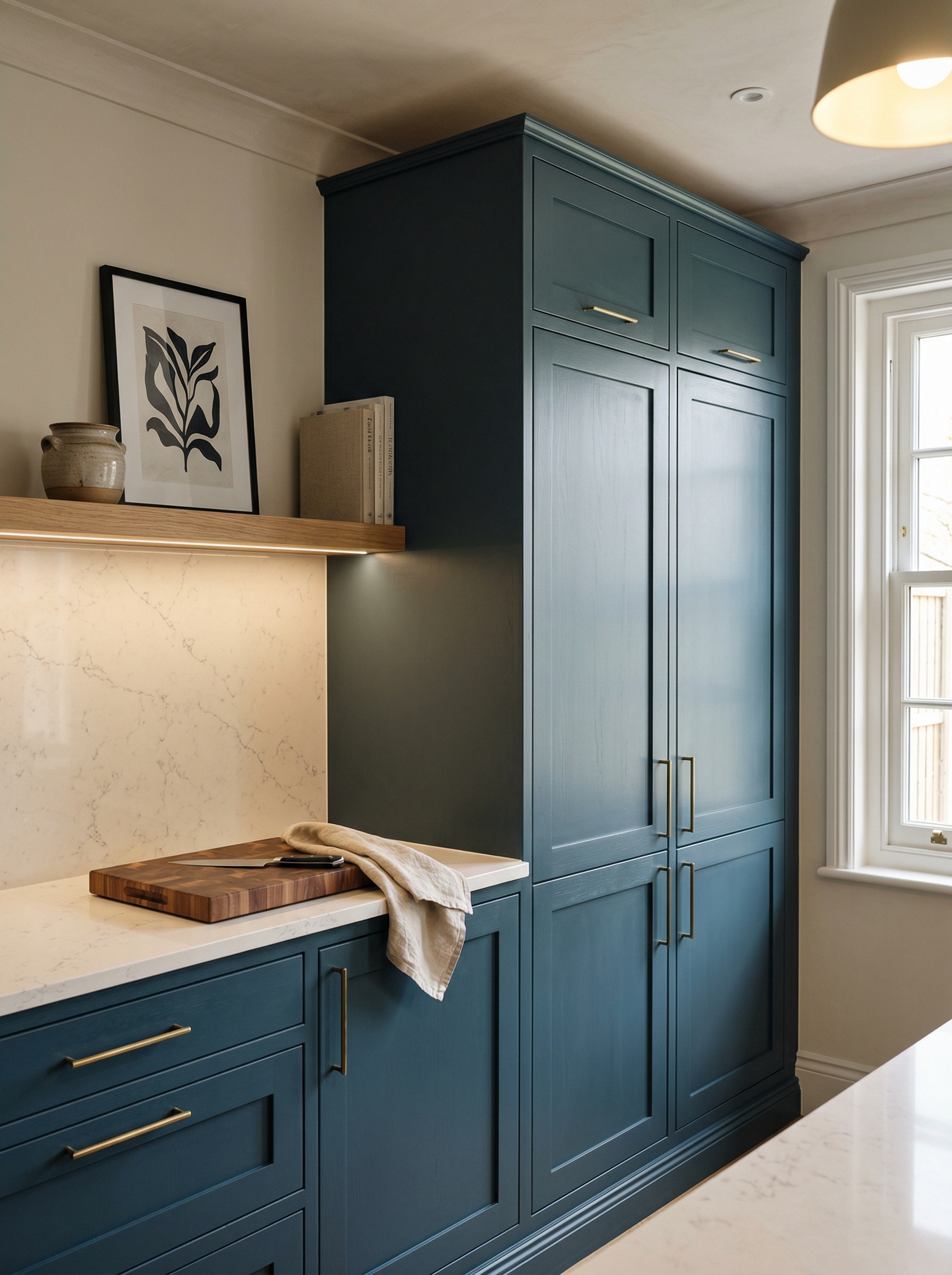 Tall view of full-height bespoke kitchen cabinetry, matt painted handleless slab cabinetry