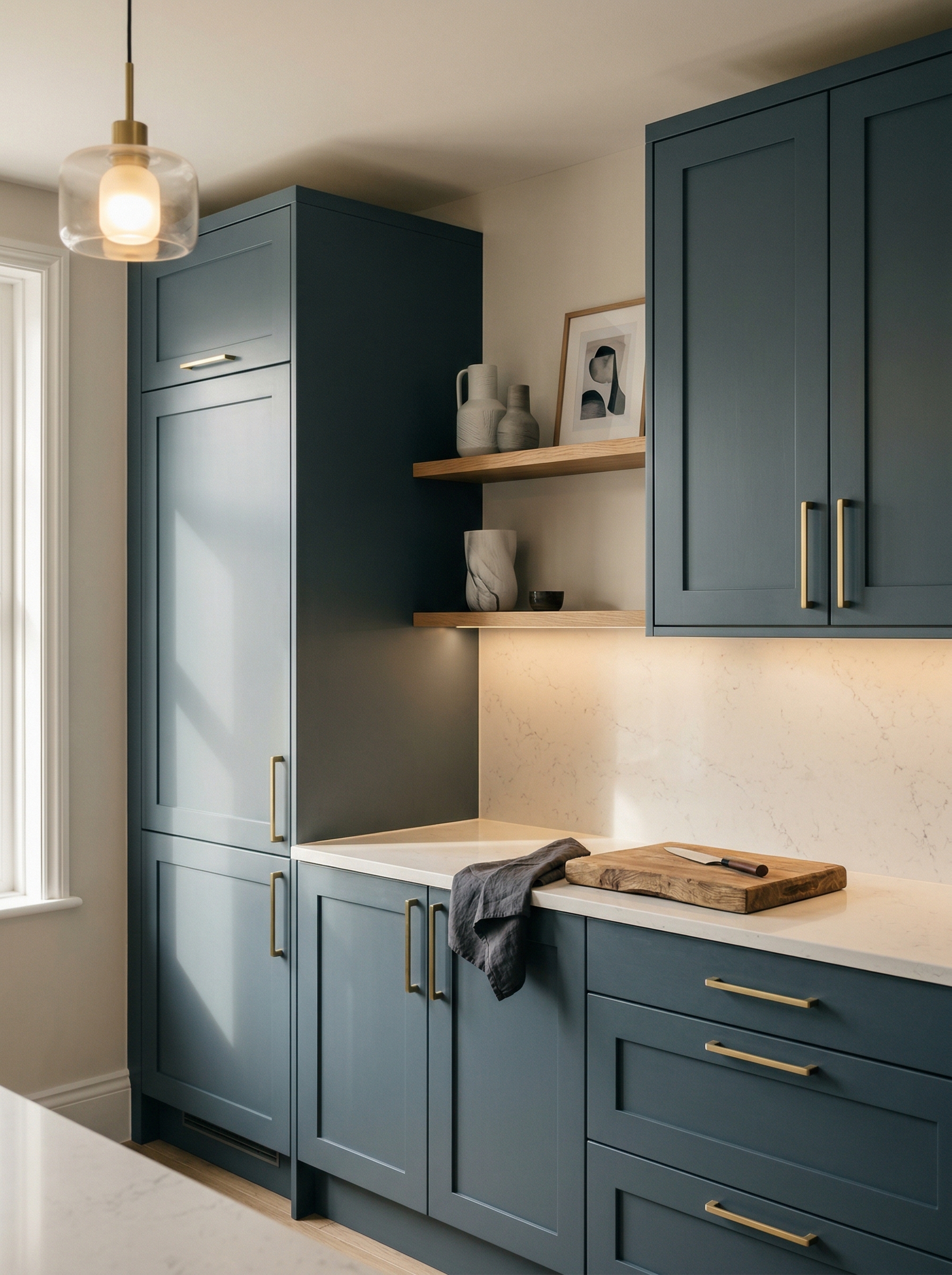 Tall view of full-height bespoke kitchen cabinetry, timber veneer slab-door cabinetry