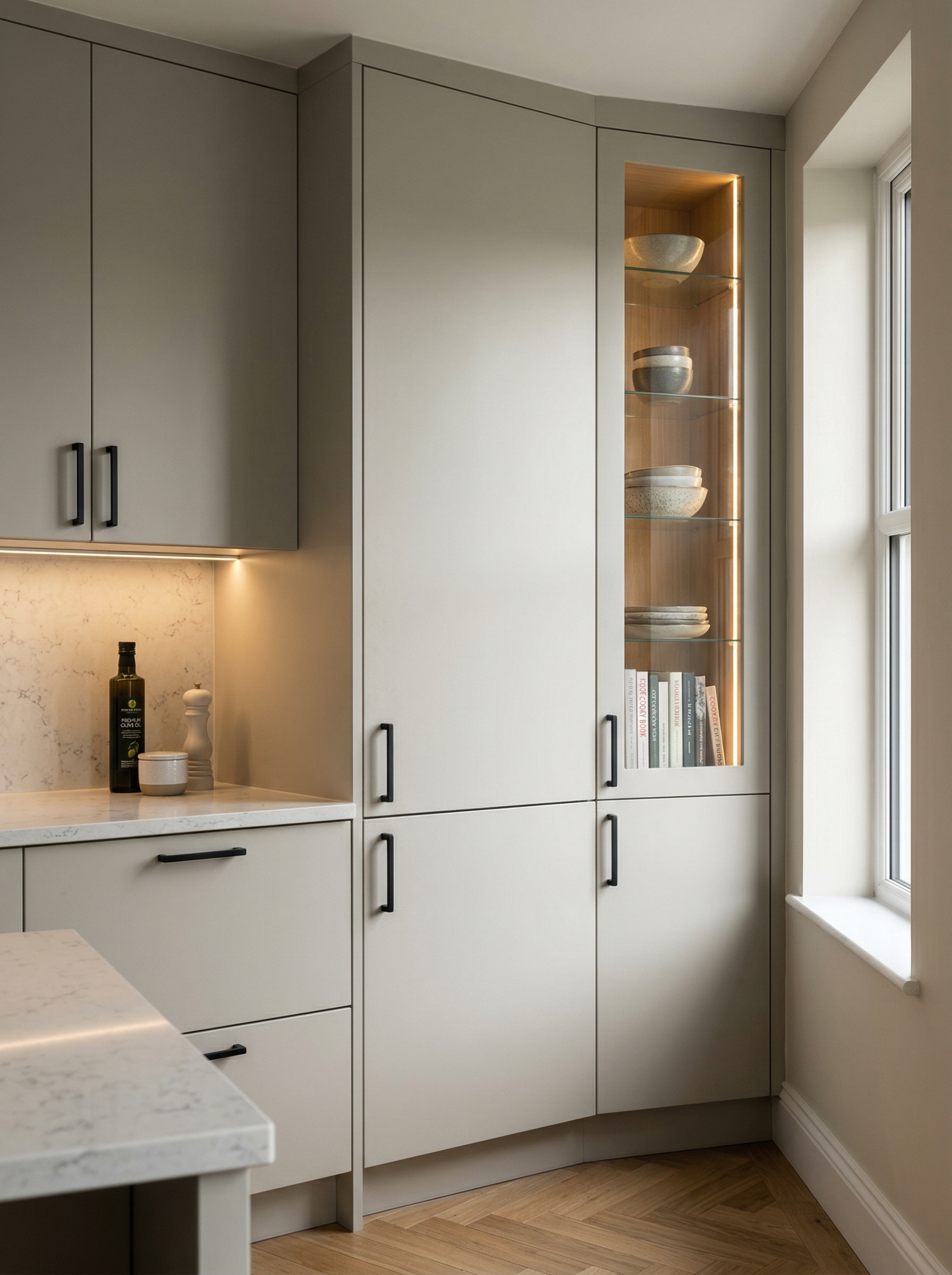 Bespoke kitchen installation, full-height cabinetry and considered storage design
