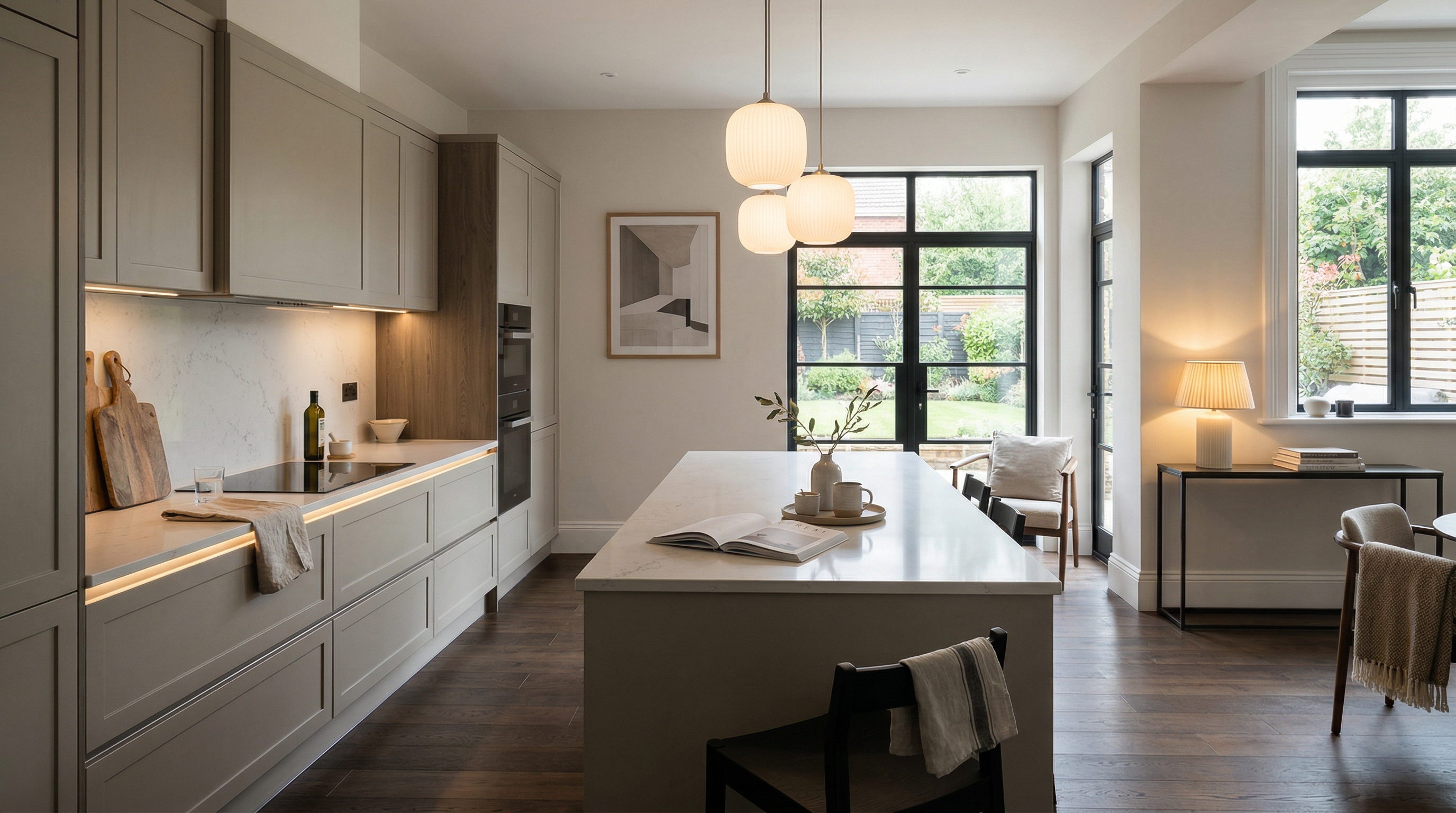 Wide view of a newly completed bespoke Mastercraft kitchen, modern shaker cabinetry in cashmere tones