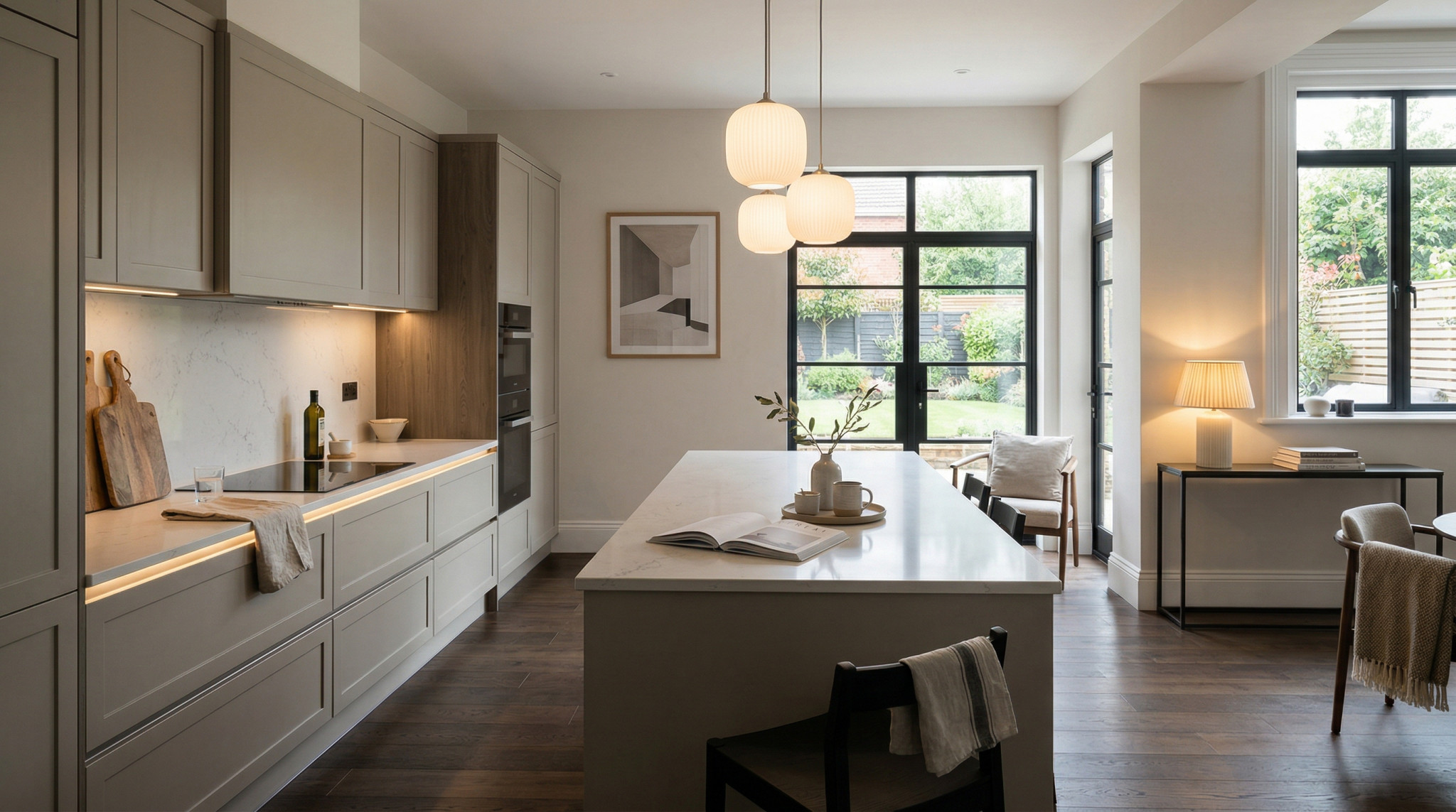 Wide view of a newly completed bespoke Mastercraft kitchen, modern shaker cabinetry in cashmere tones