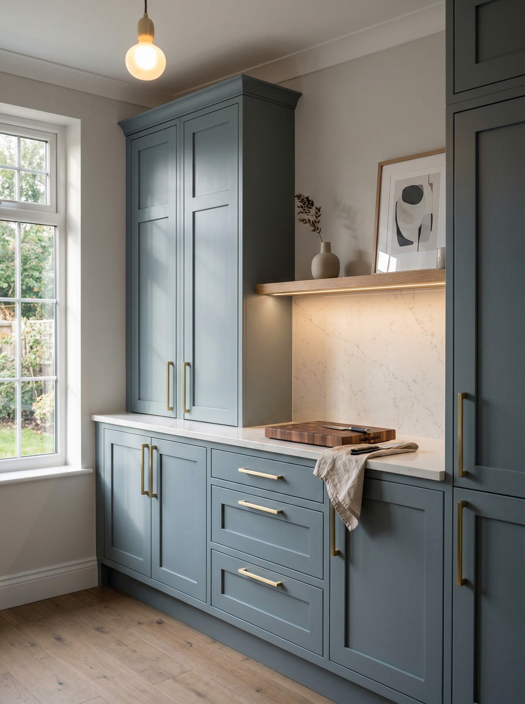 Tall view of full-height bespoke kitchen cabinetry, modern shaker cabinetry