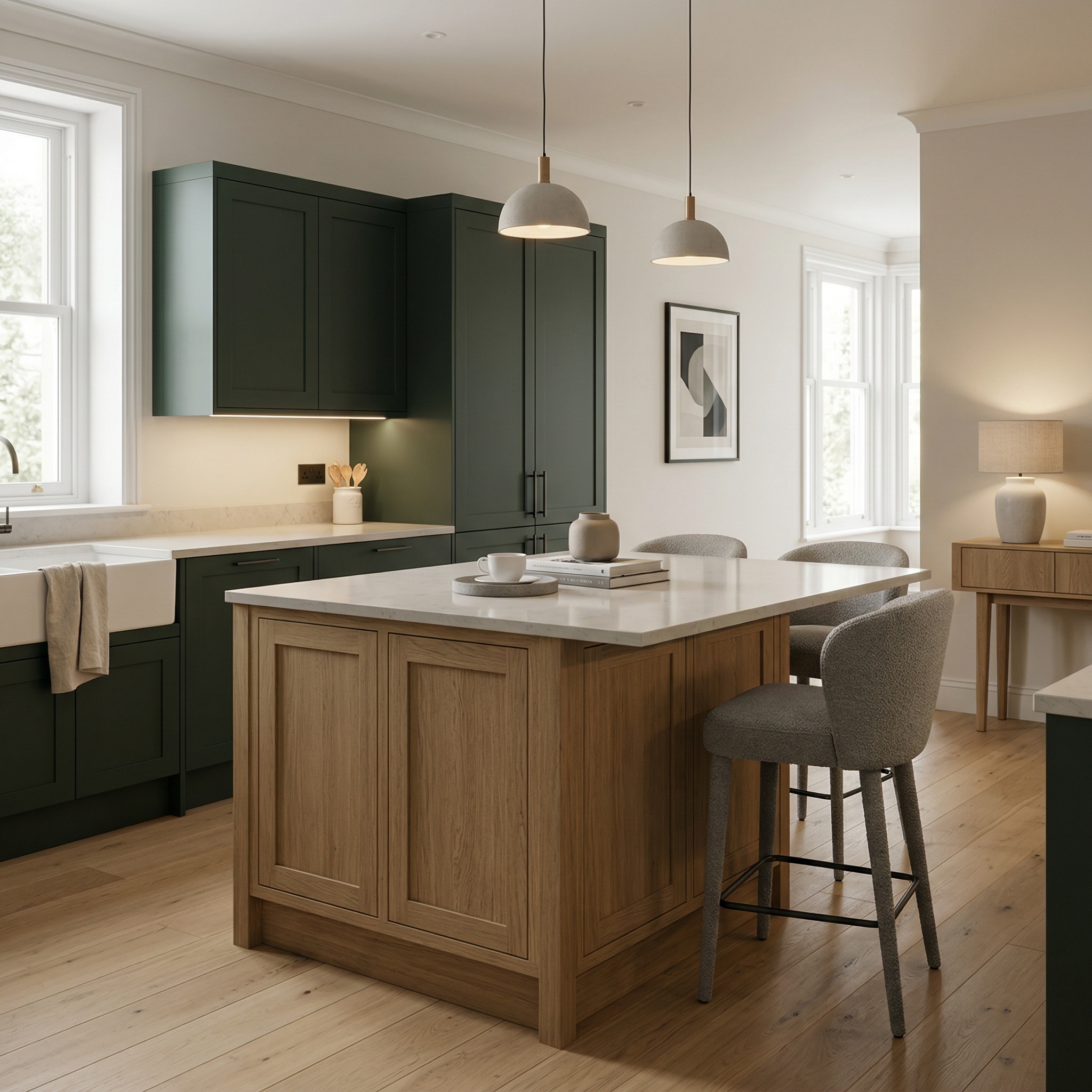 Bespoke kitchen island detail, modern shaker cabinetry with quality joinery