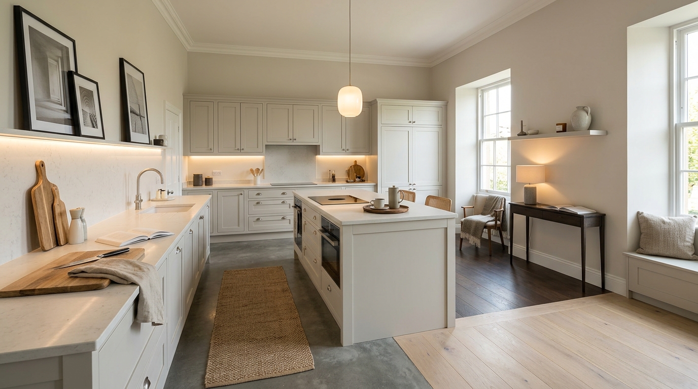 hero_1200x675 Wide view of a newly completed bespoke Mastercraft kitchen, modern shaker cabinetry in light grey tones