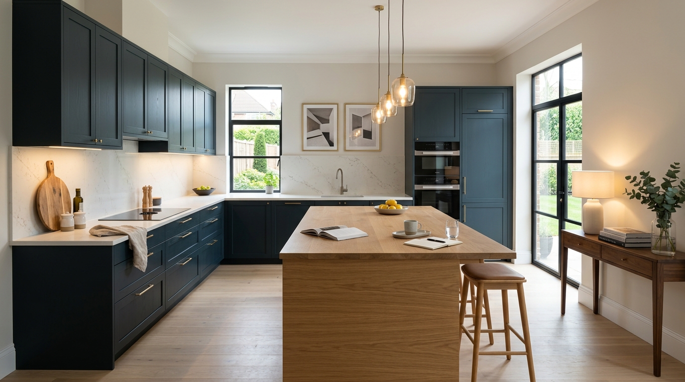 hero_1200x675 Wide view of a newly completed bespoke Mastercraft kitchen, matt painted handleless slab cabinetry in deep forest tones