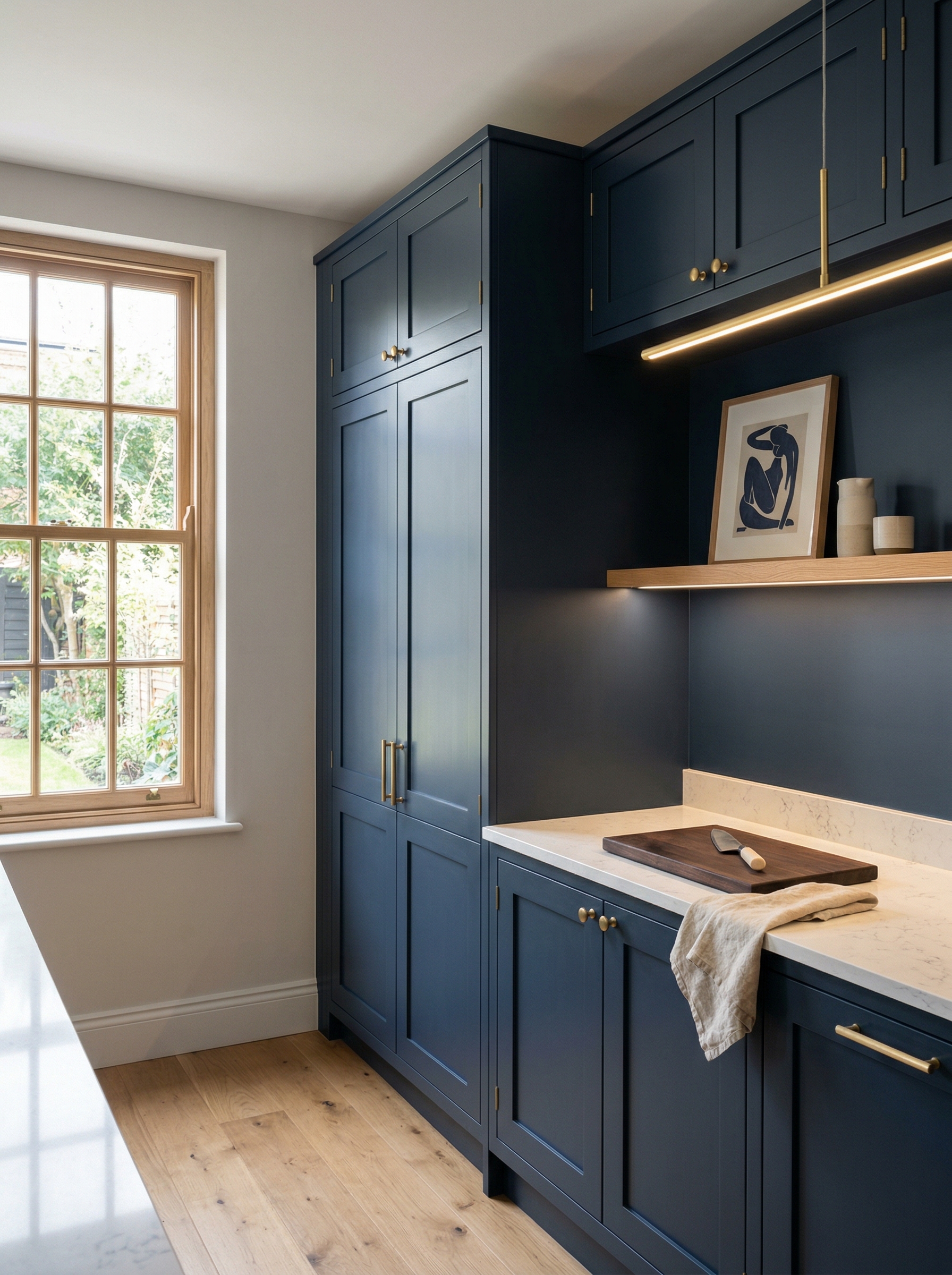 portrait1_600x800 Tall view of full-height bespoke kitchen cabinetry, matt painted handleless slab cabinetry