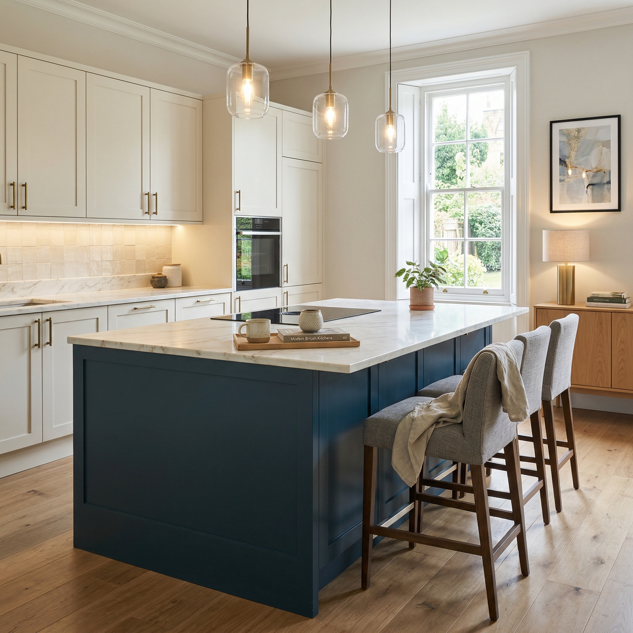 Bespoke kitchen island detail, matt painted handleless slab cabinetry with quality joinery