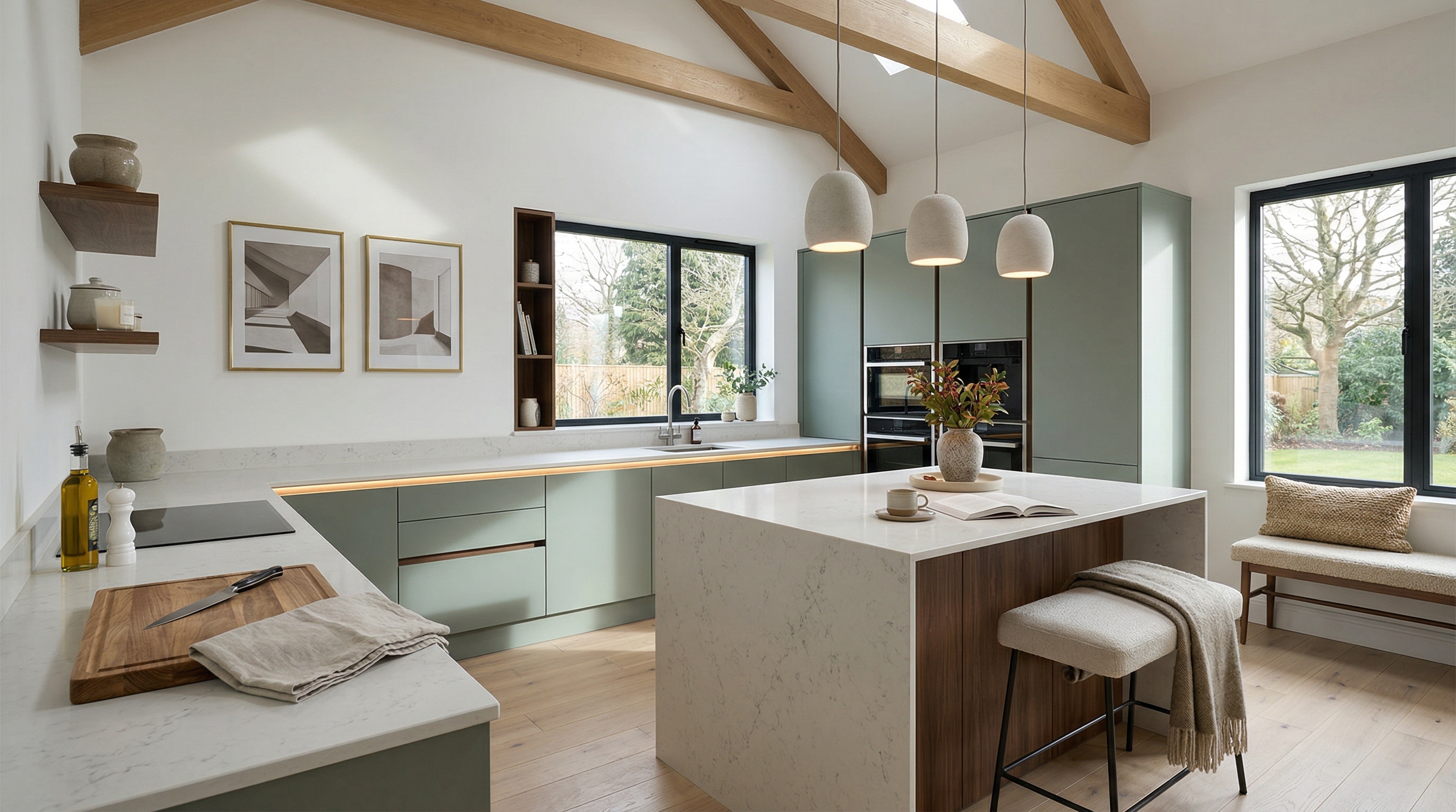 Wide view of a newly completed bespoke Mastercraft kitchen, contemporary painted lay-on cabinetry in stone grey tones