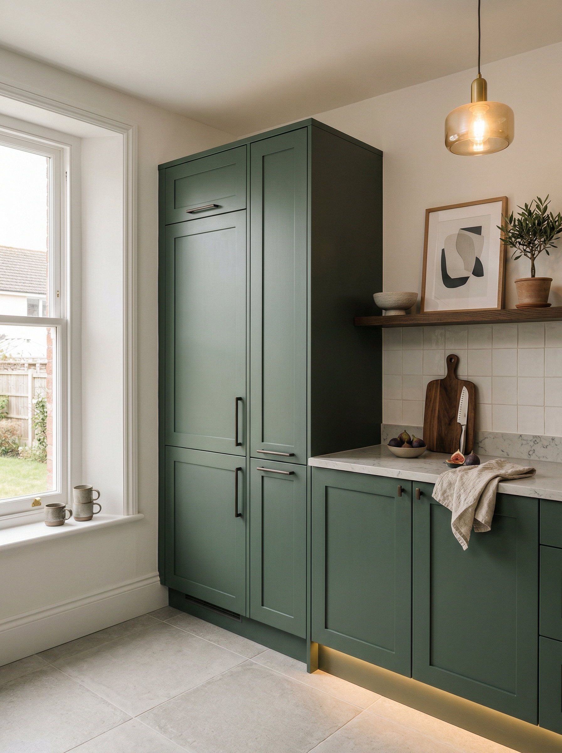 Tall view of full-height bespoke kitchen cabinetry, contemporary painted lay-on cabinetry