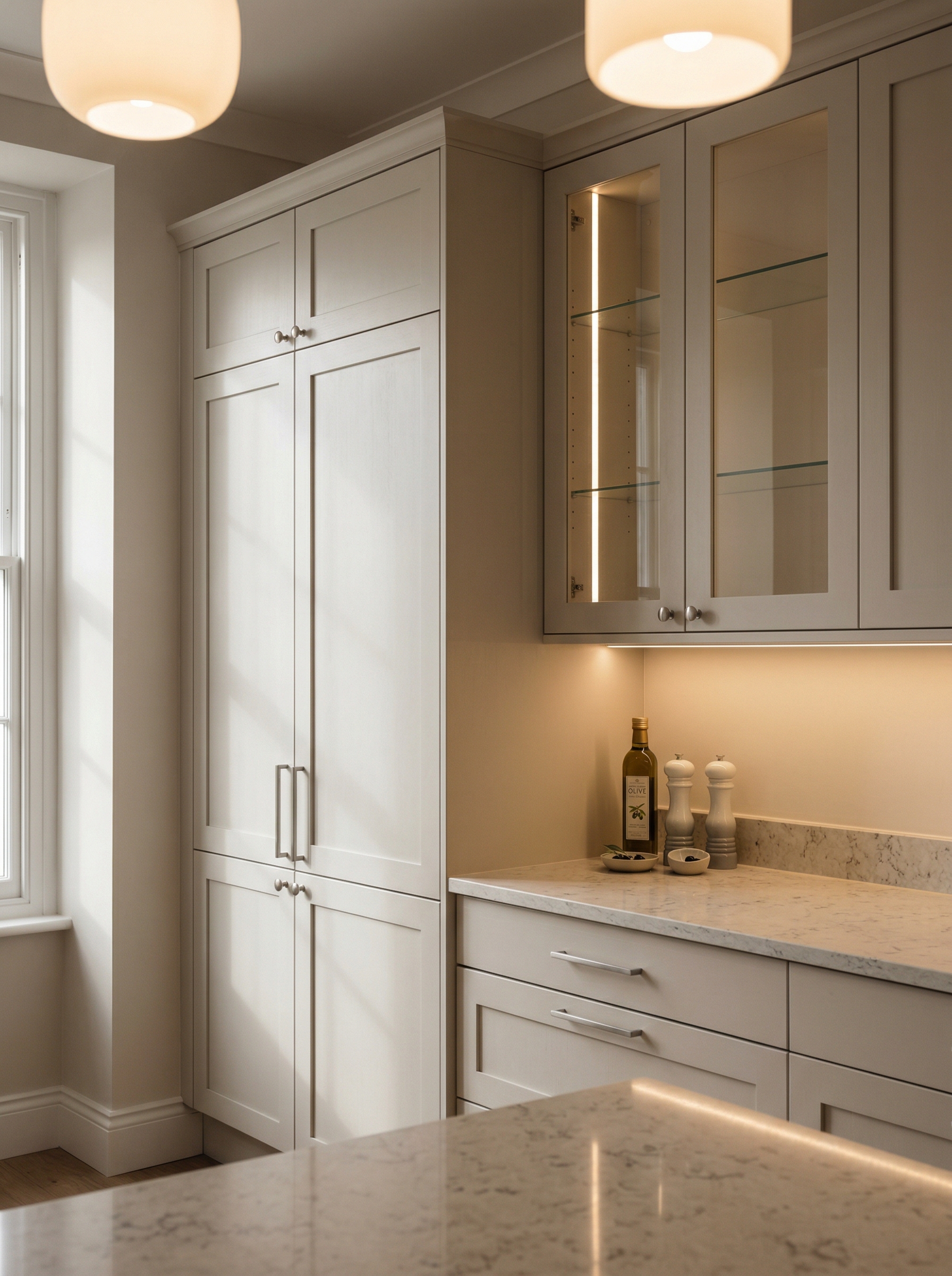 Bespoke kitchen installation, full-height cabinetry and considered storage design