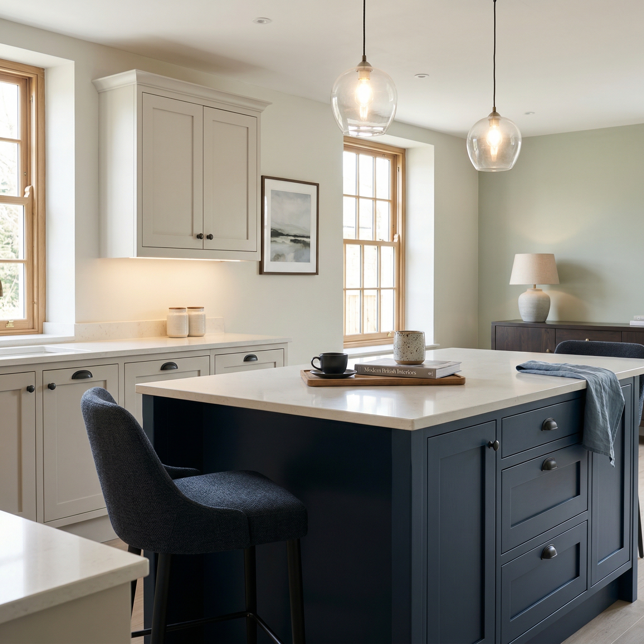 Bespoke kitchen island detail, contemporary painted lay-on cabinetry with quality joinery