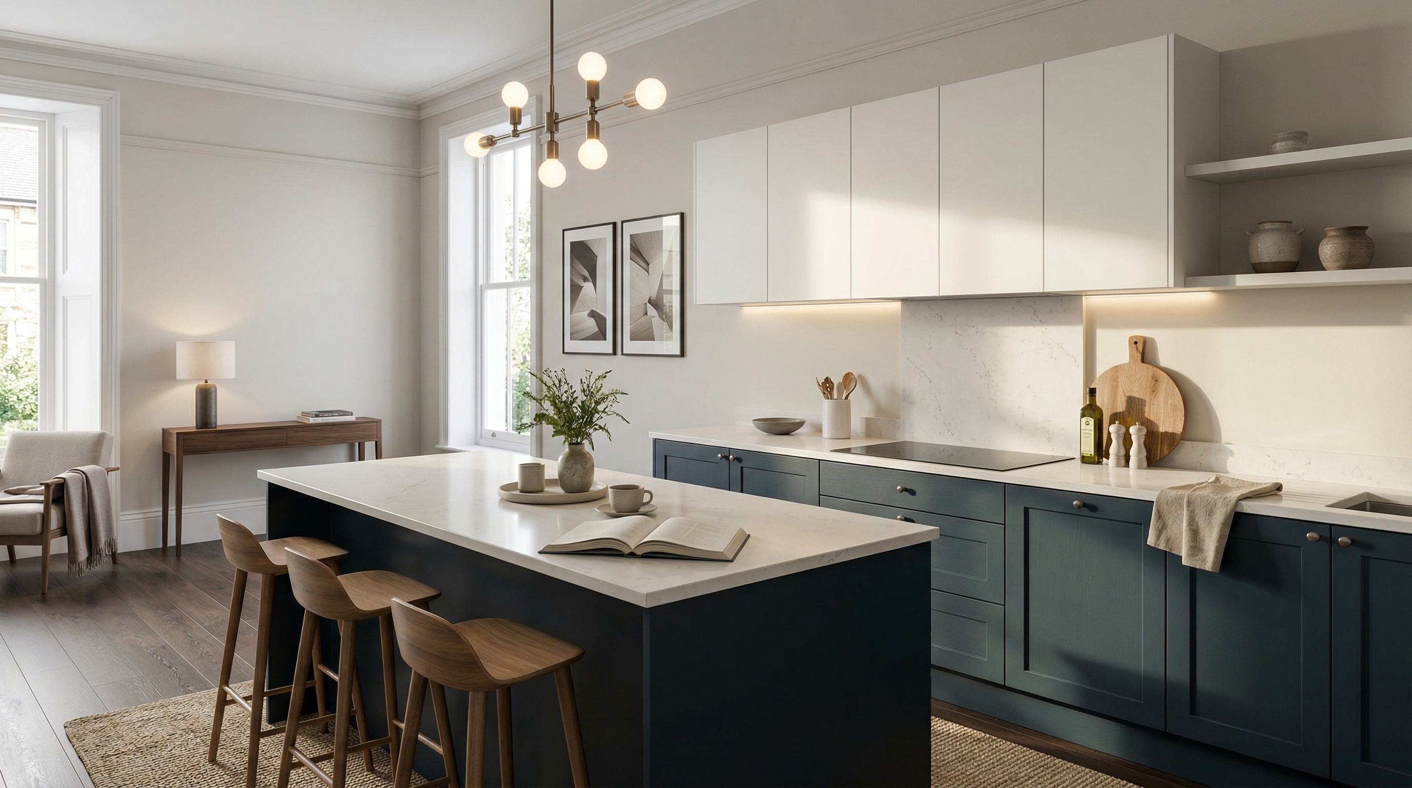 hero_1200x675 Wide view of a newly completed bespoke Mastercraft kitchen, contemporary painted lay-on cabinetry in brilliant white tones