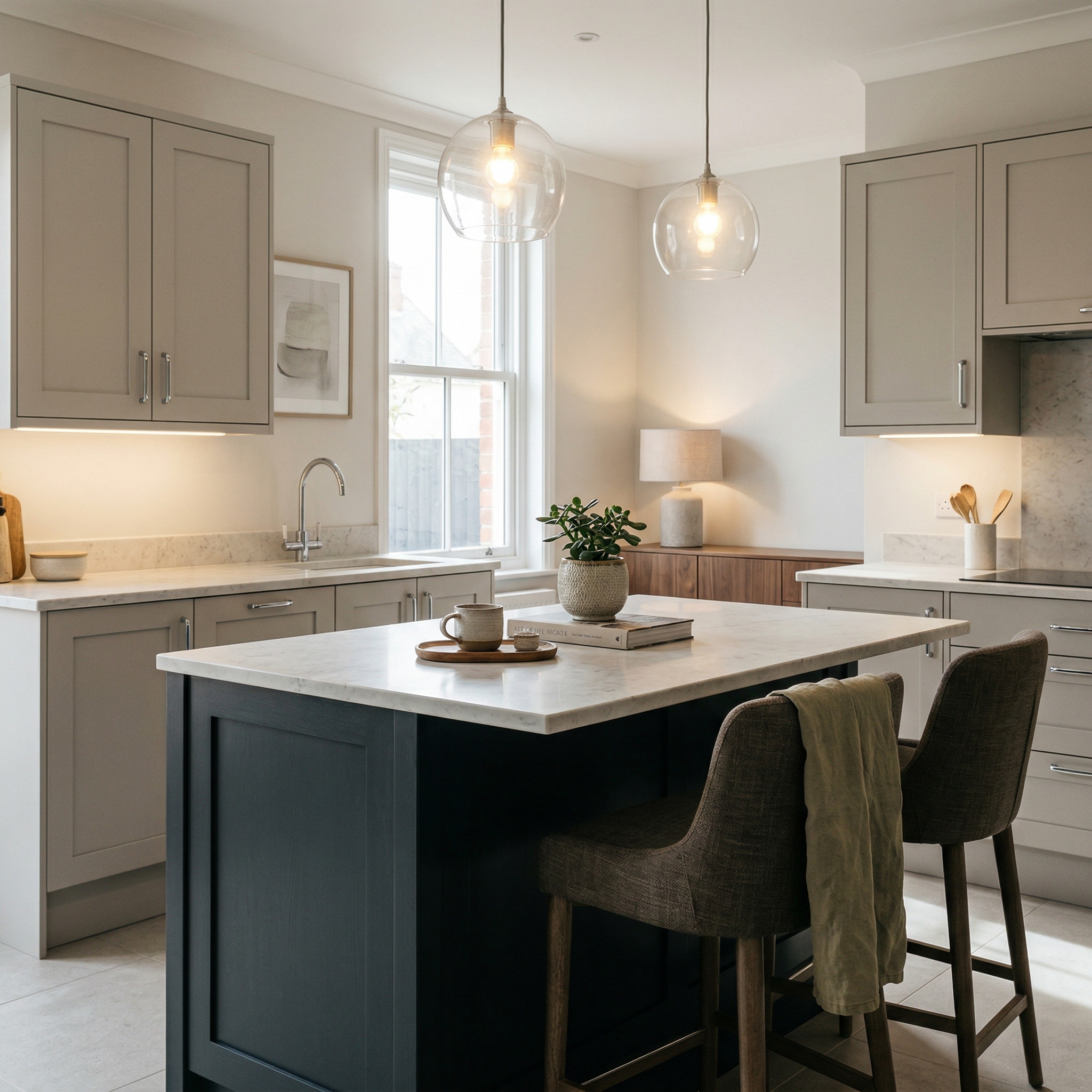 Bespoke kitchen island detail, contemporary painted lay-on cabinetry with quality joinery