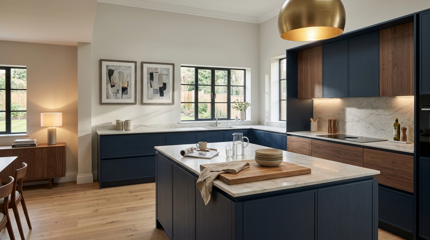 hero_1200x675 Wide view of a newly completed bespoke Mastercraft kitchen, timber veneer slab-door cabinetry in stone grey tones
