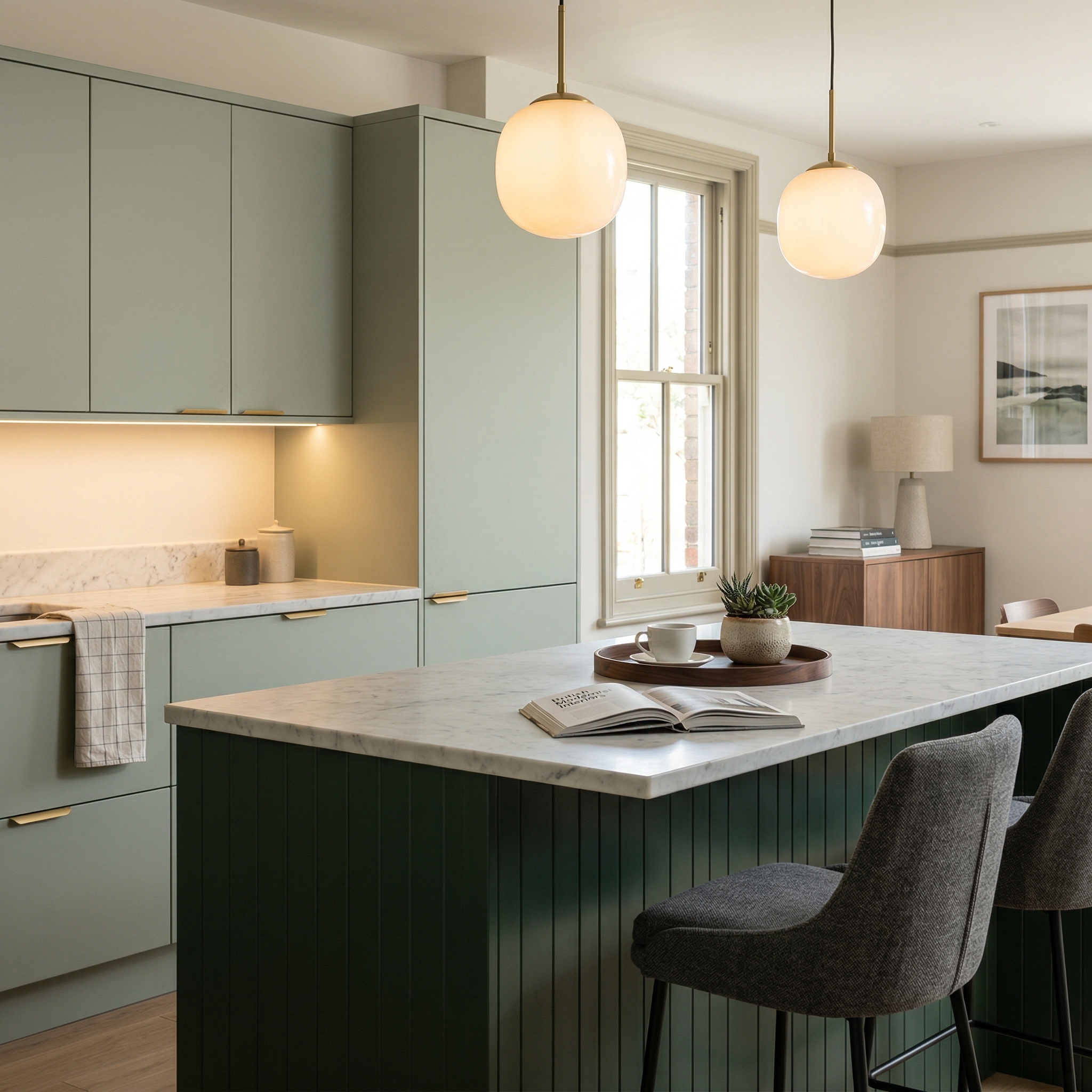 Bespoke kitchen island detail, timber veneer slab-door cabinetry with quality joinery