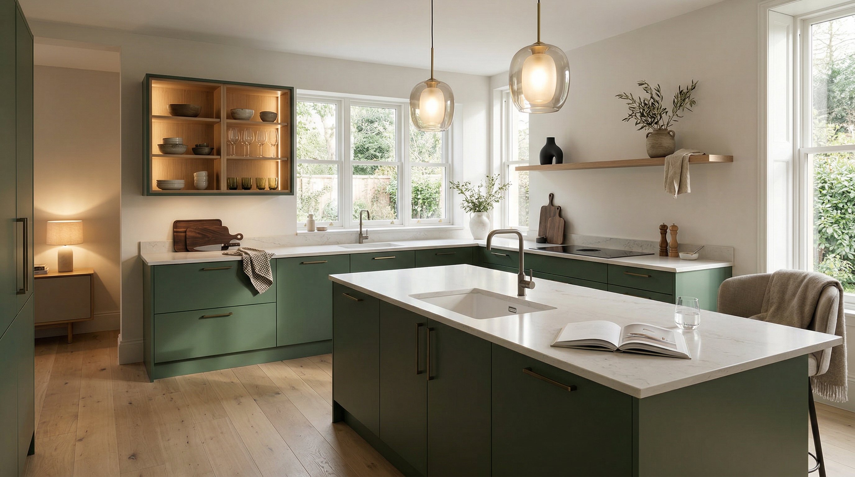 Wide view of a newly completed bespoke Mastercraft kitchen, contemporary painted lay-on cabinetry in dust grey tones
