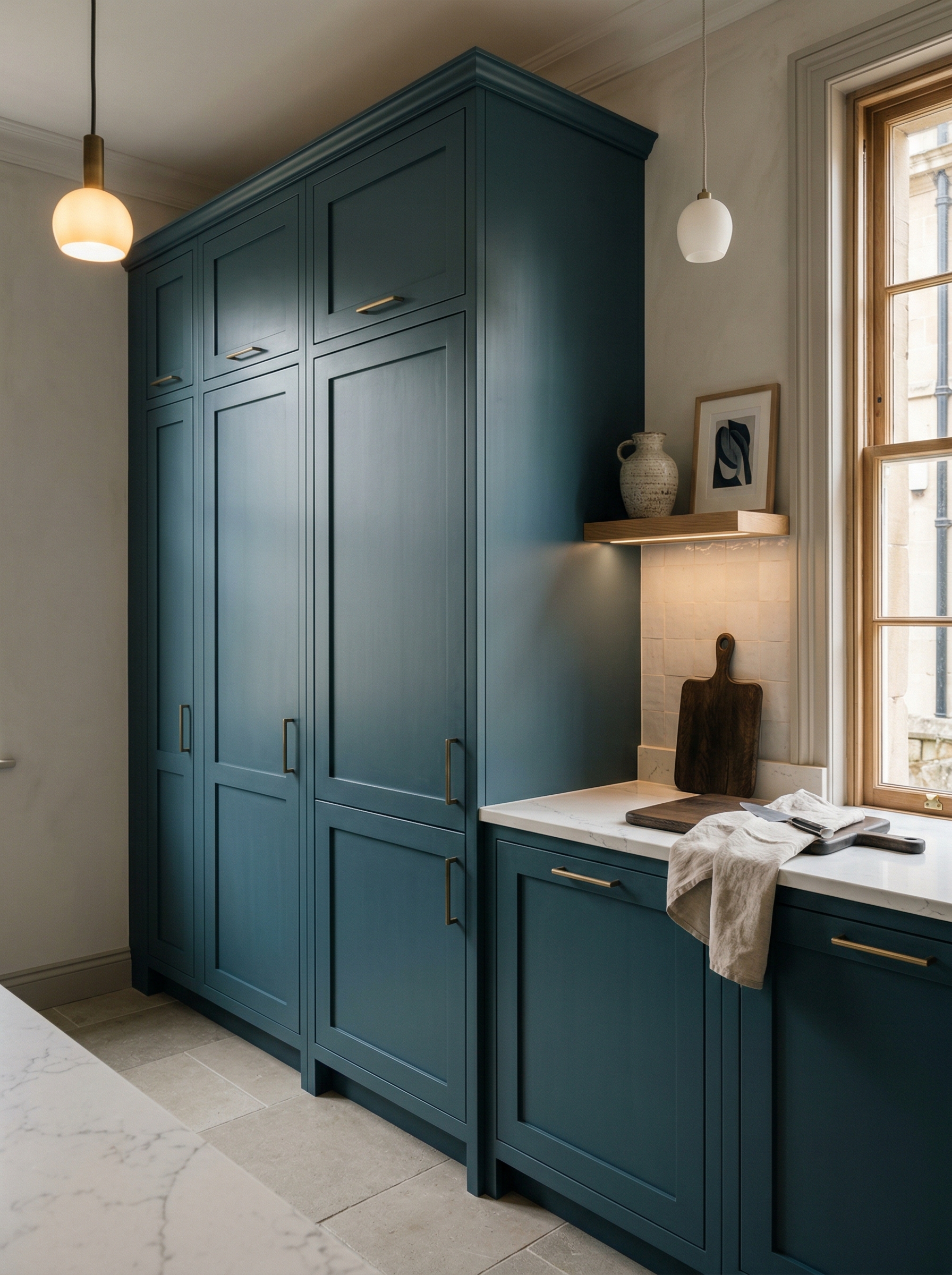 Tall view of full-height bespoke kitchen cabinetry, contemporary painted lay-on cabinetry