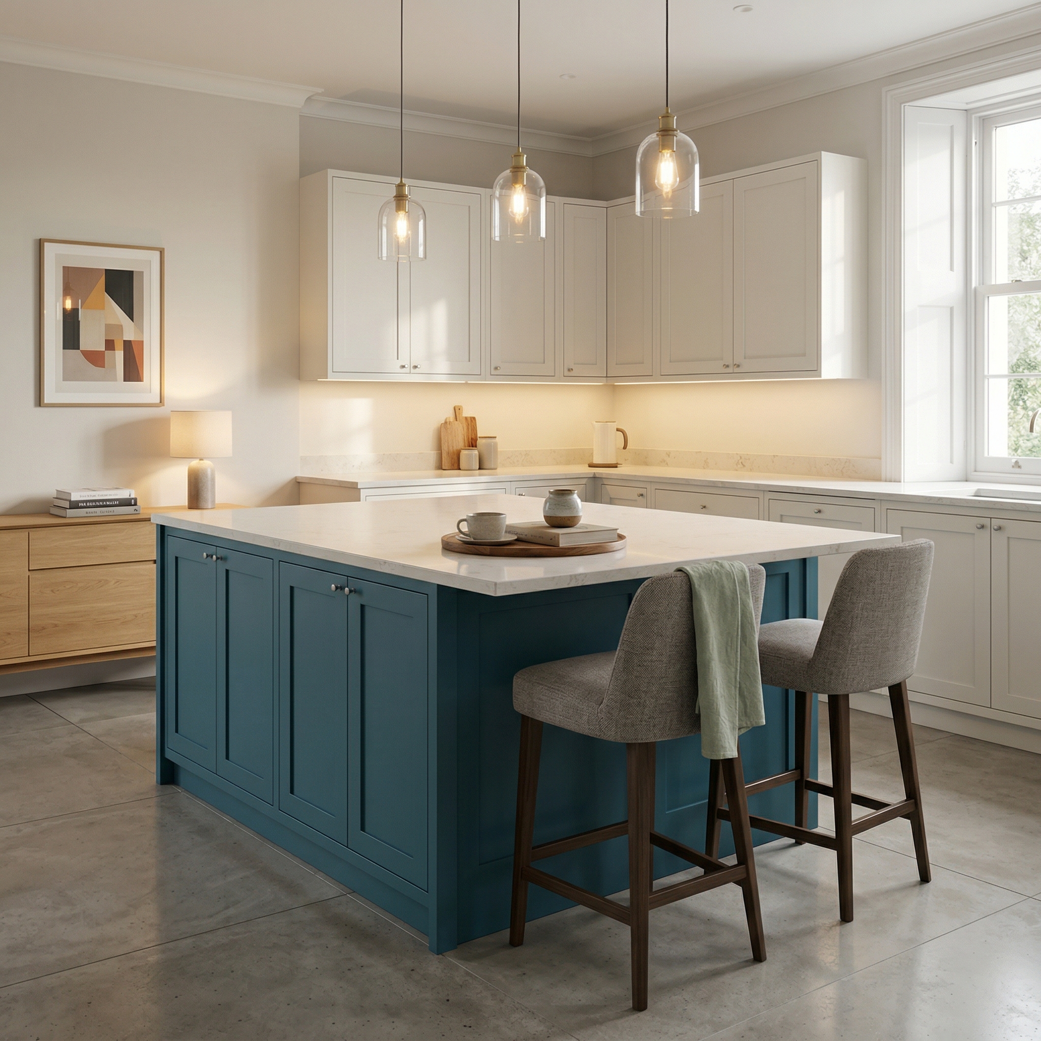 Bespoke kitchen island detail, contemporary painted lay-on cabinetry with quality joinery