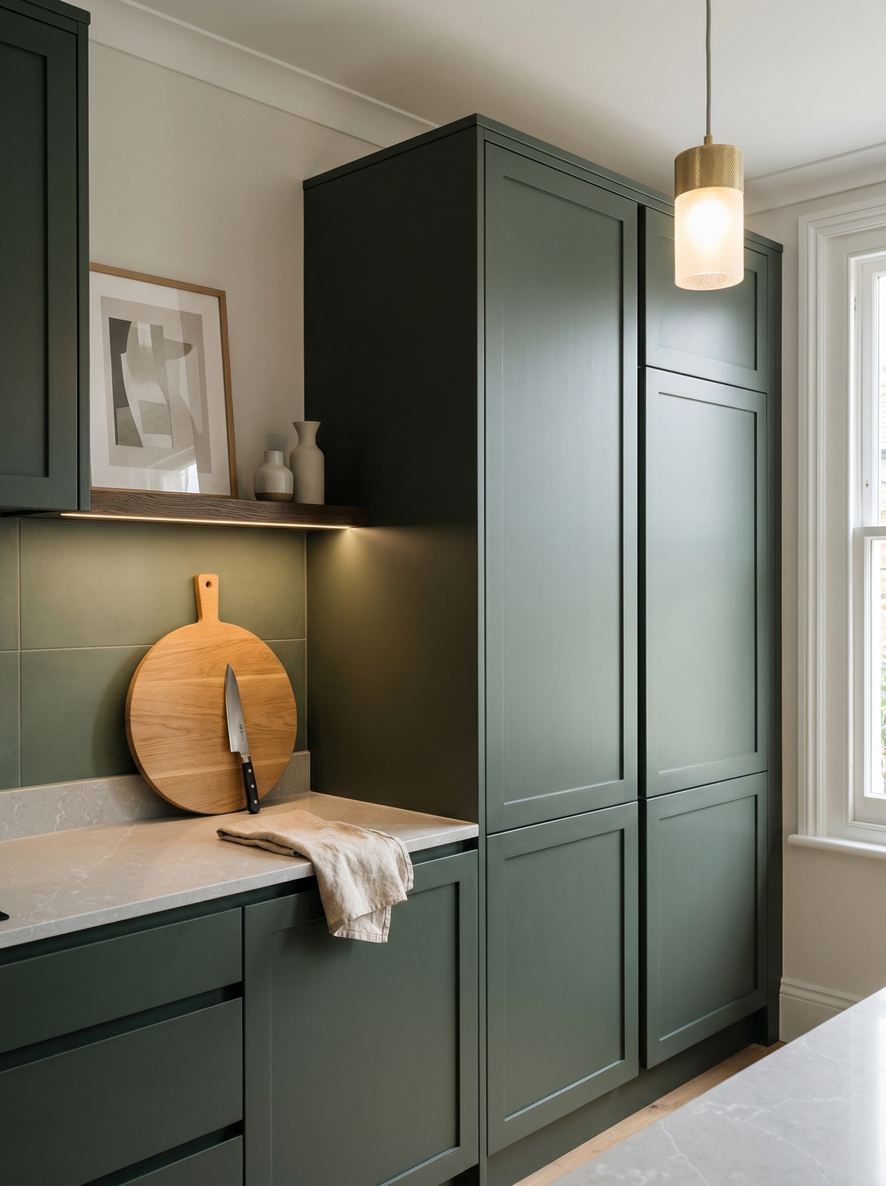 Tall view of full-height bespoke kitchen cabinetry, modern shaker cabinetry