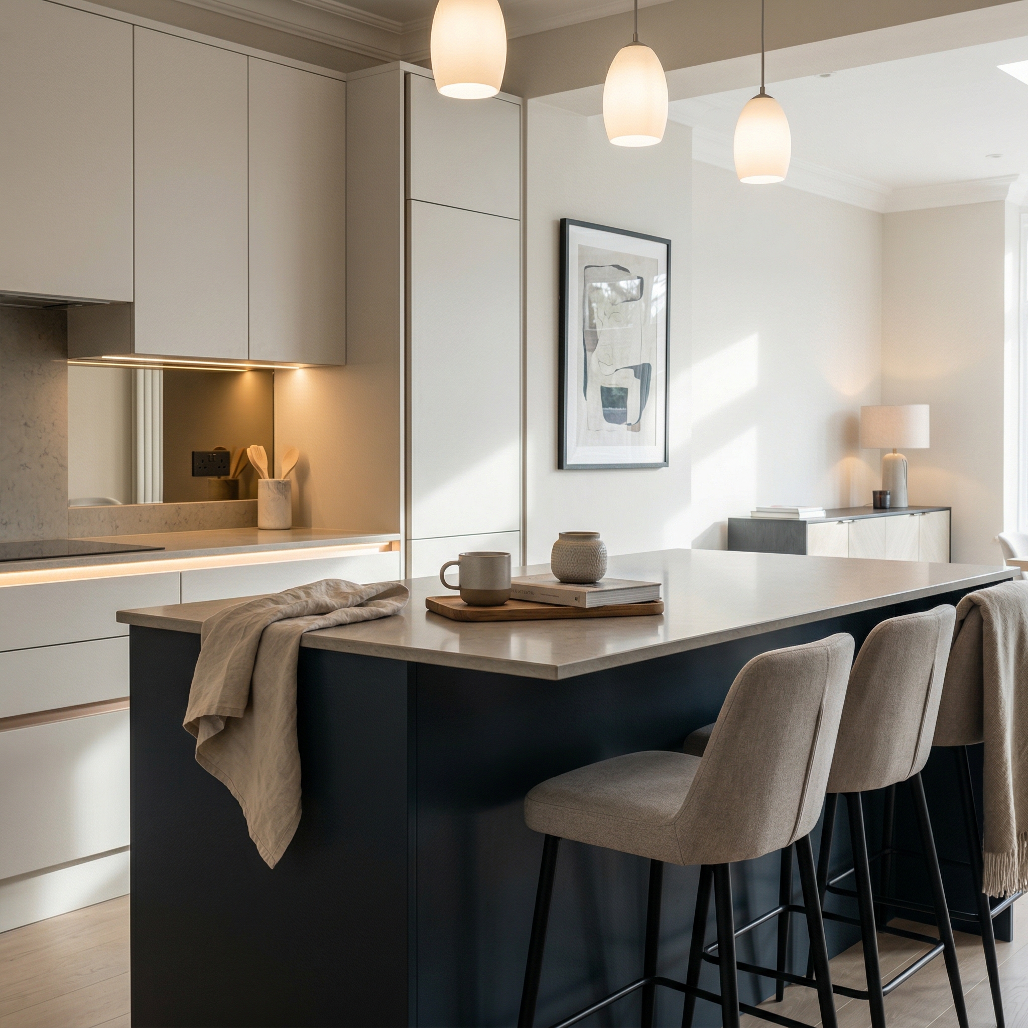 Bespoke kitchen island detail, modern shaker cabinetry with quality joinery
