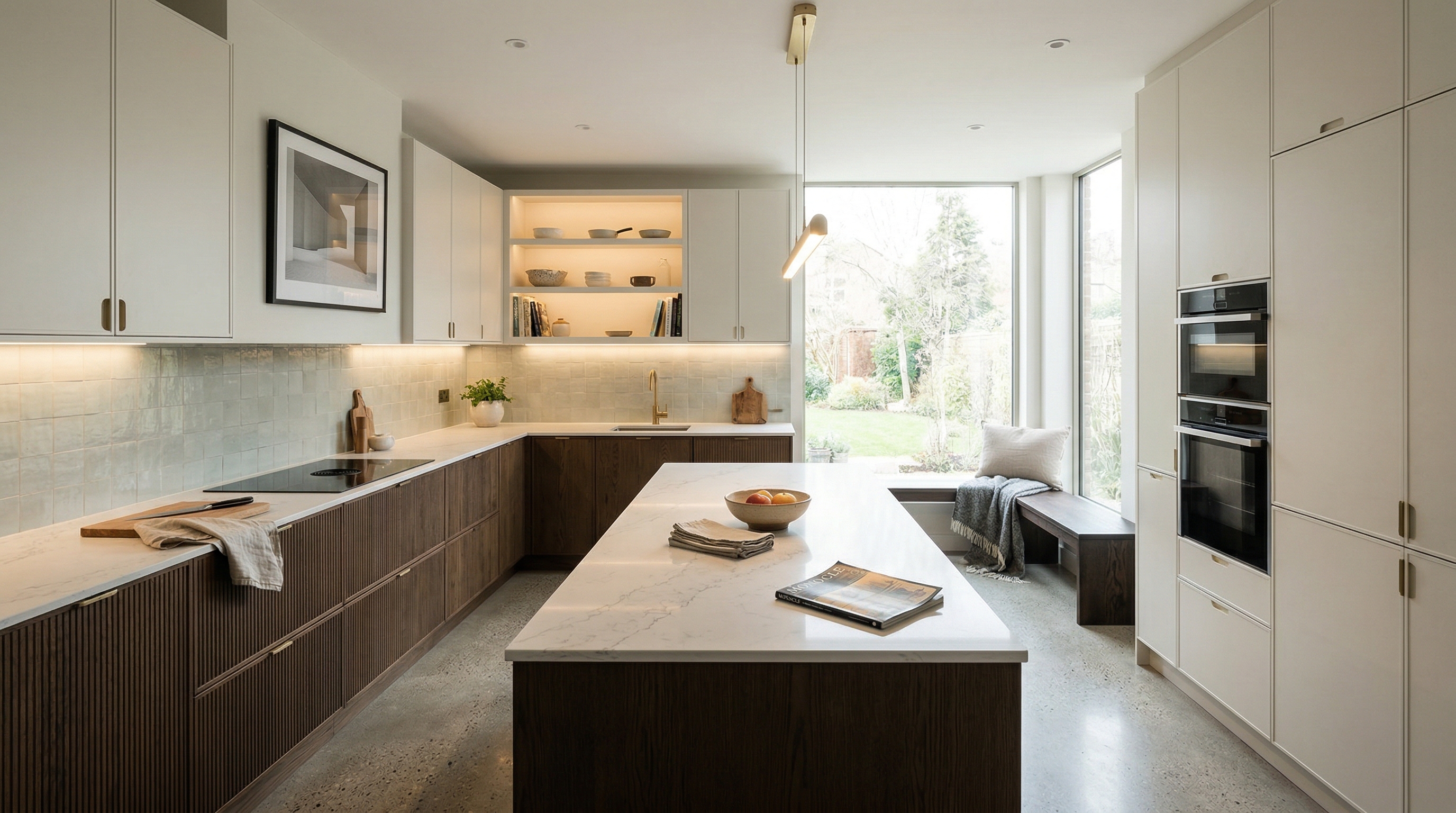 Wide view of a newly completed bespoke Mastercraft kitchen, modern shaker cabinetry in viridian tones