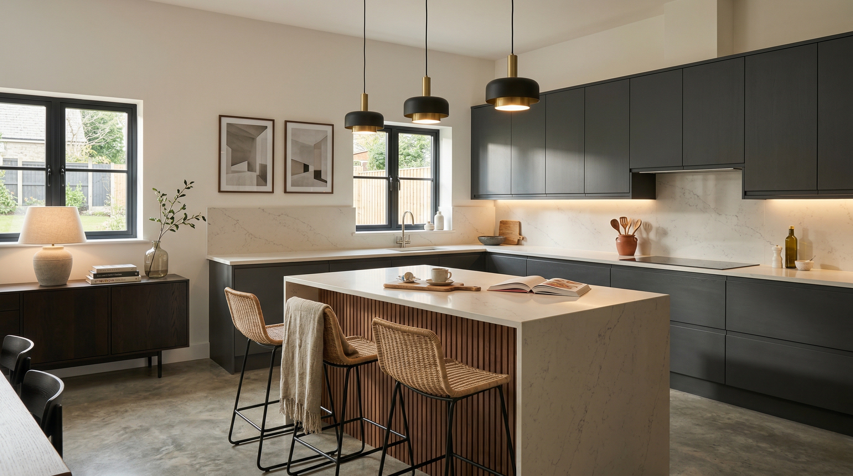 hero_1200x675 Wide view of a newly completed bespoke Mastercraft kitchen, timber veneer slab-door cabinetry in airforce tones