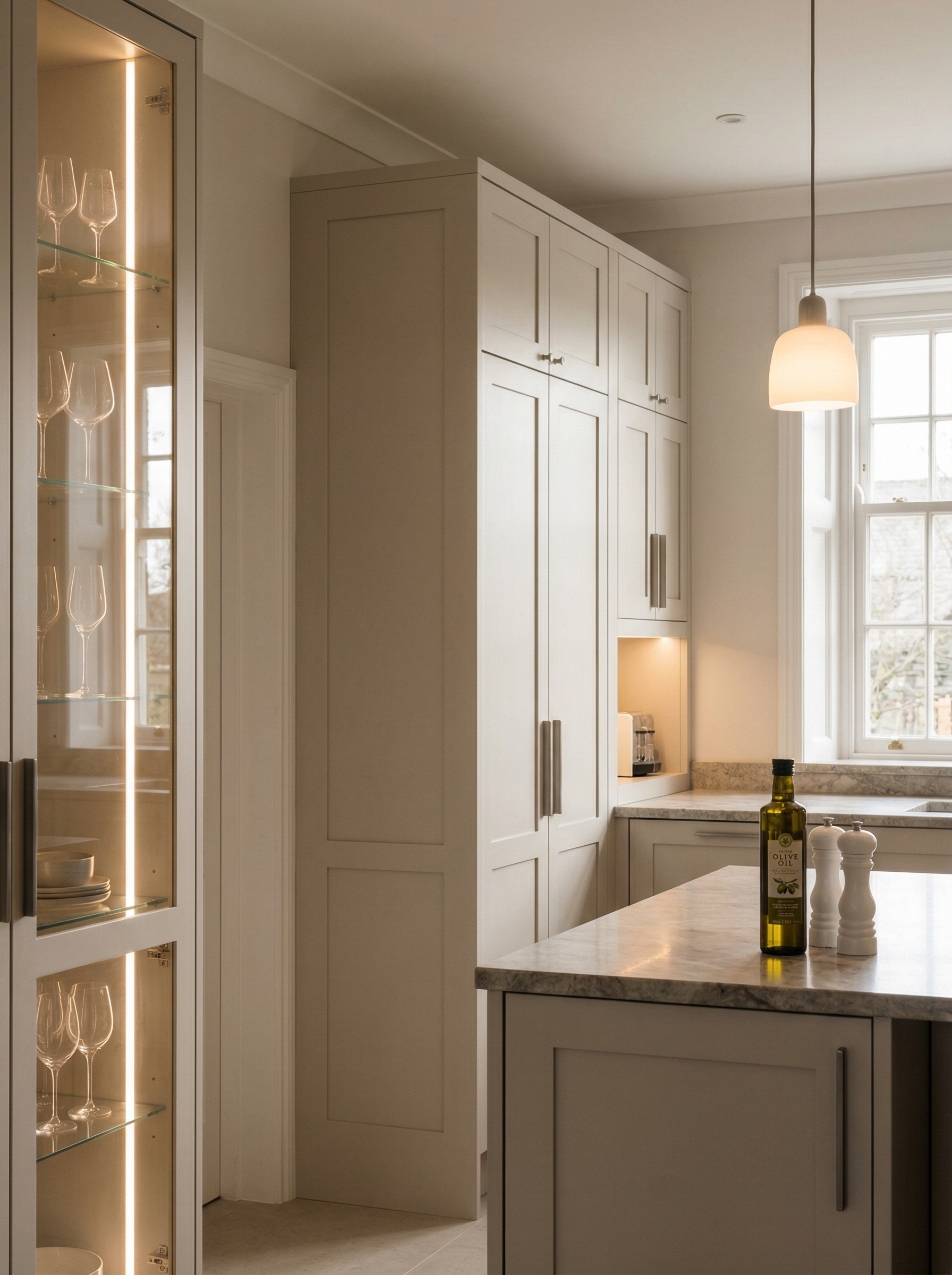 Bespoke kitchen installation, full-height cabinetry and considered storage design