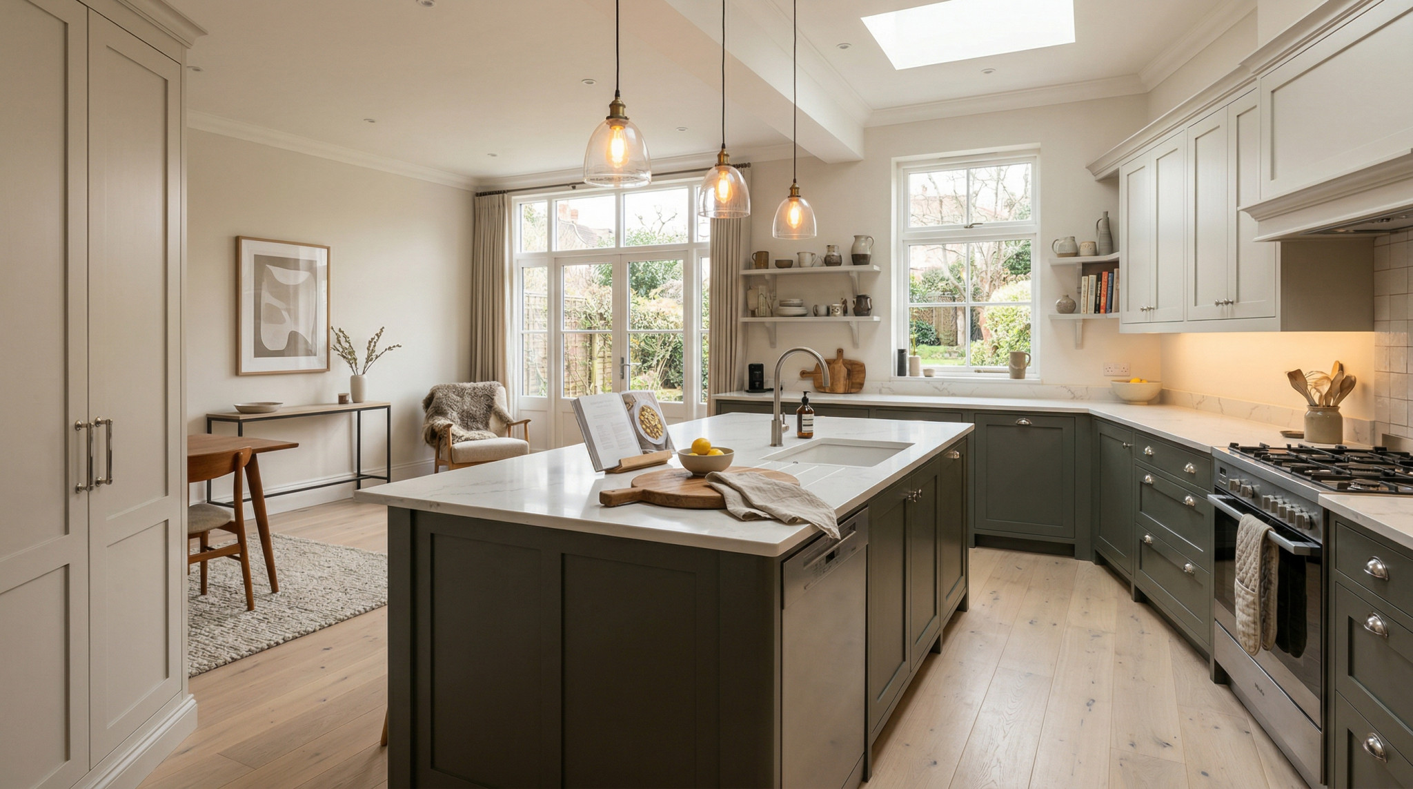 Wide view of a newly completed bespoke Mastercraft kitchen, modern shaker cabinetry in airforce tones