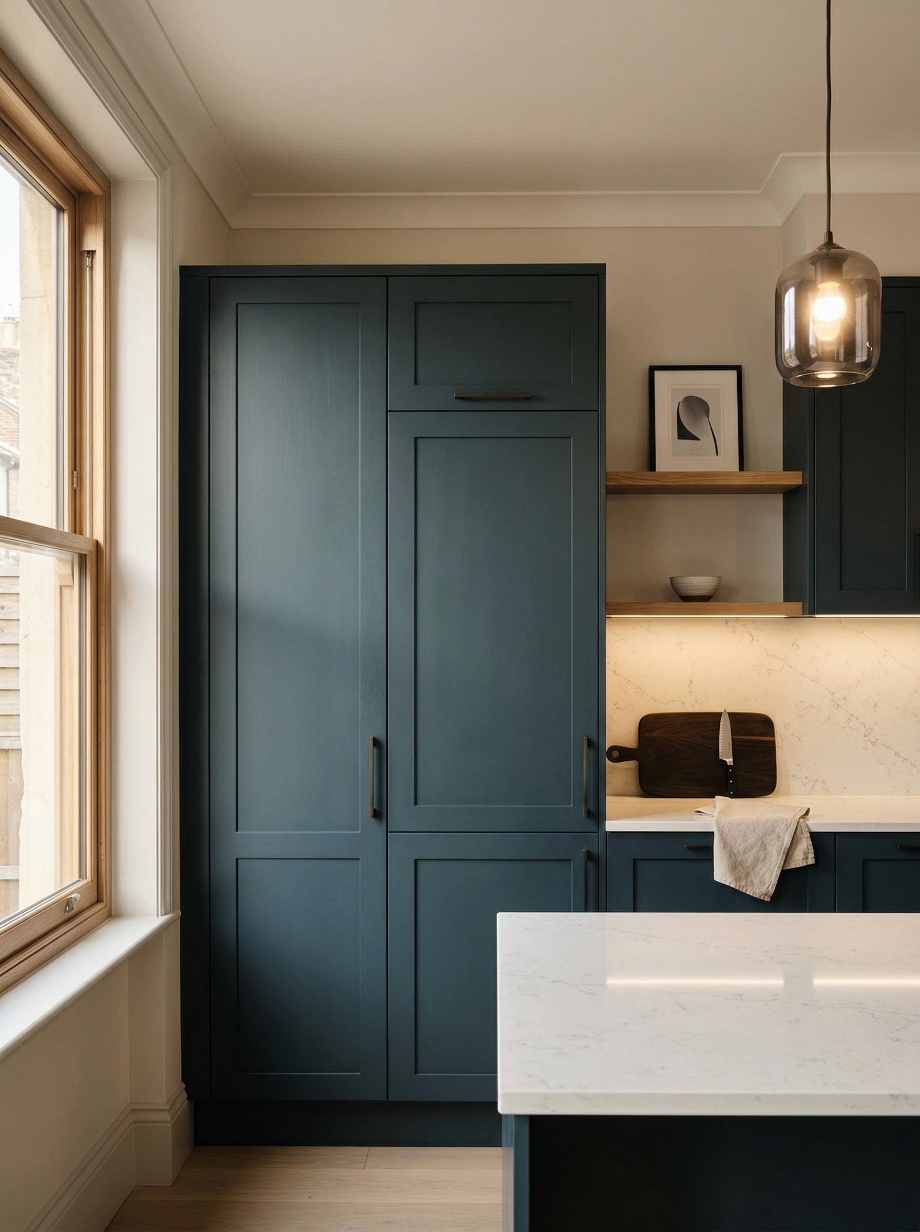 Tall view of full-height bespoke kitchen cabinetry, modern shaker cabinetry