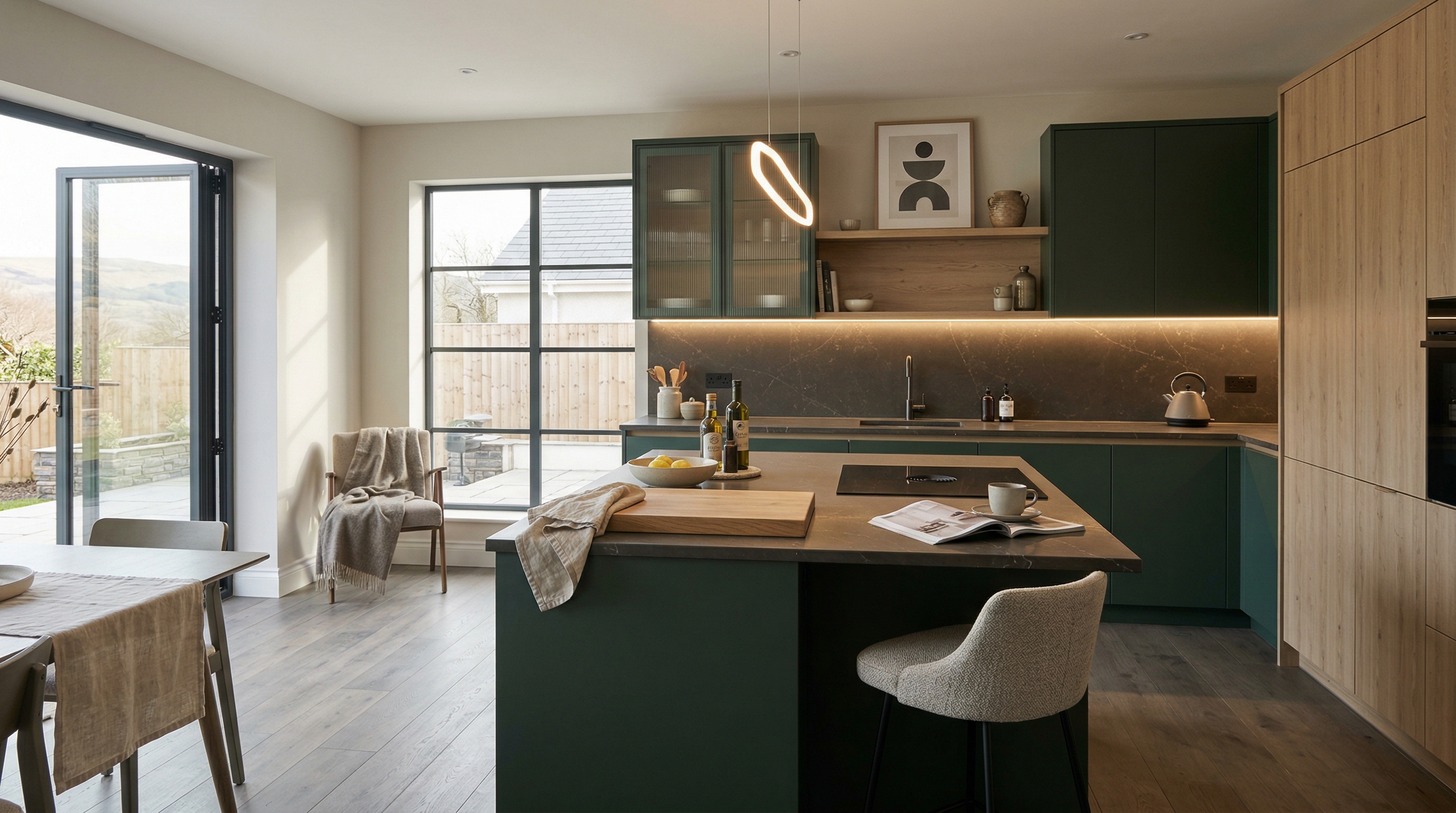 Mastercraft bespoke kitchen in Bedwas, wide architectural view showing room volume and design quality