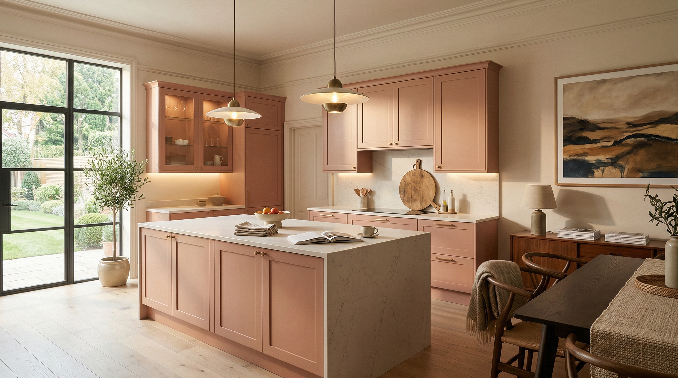 hero_1200x675 Wide view of a newly completed bespoke Mastercraft kitchen, timber veneer slab-door cabinetry in dust grey tones