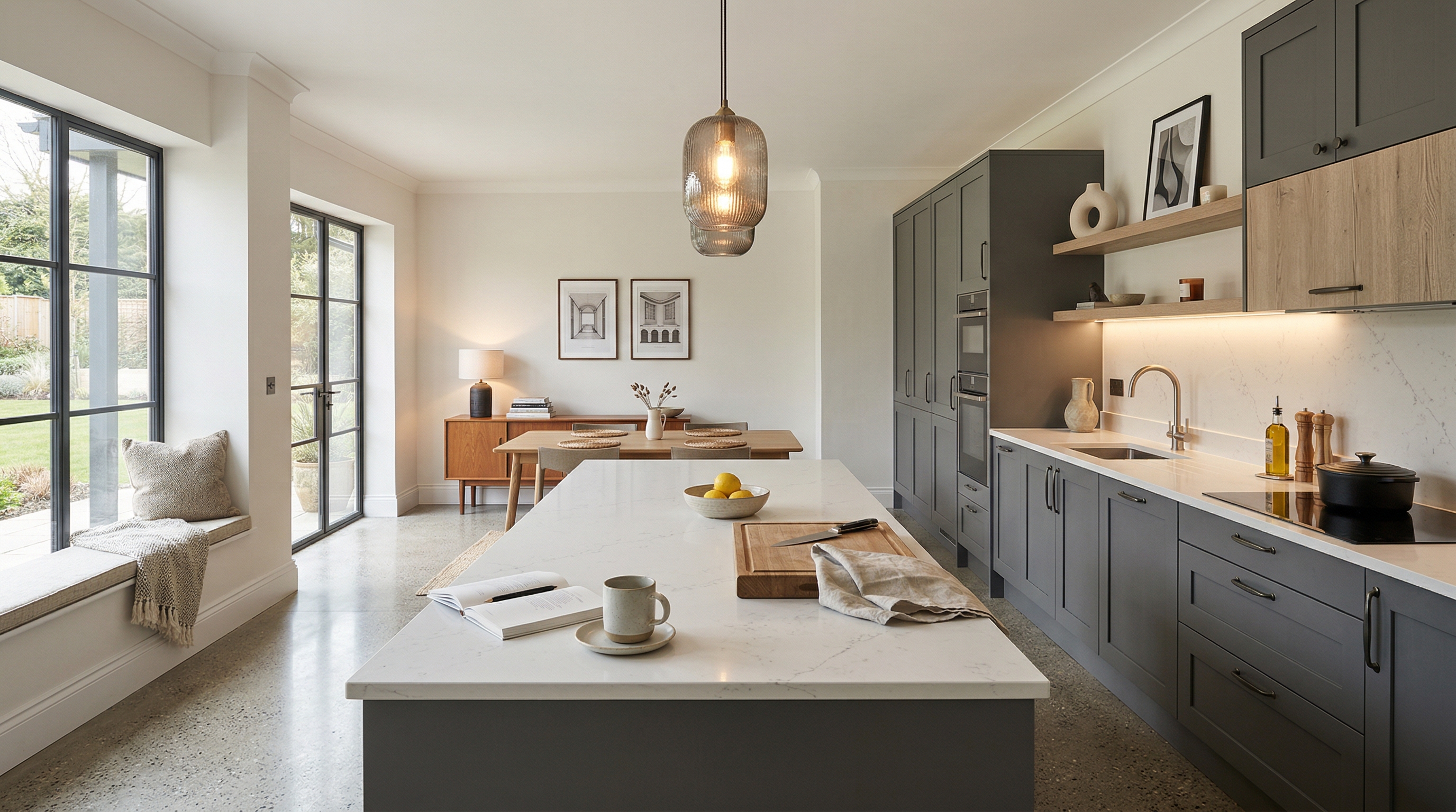 Mastercraft bespoke kitchen in Bideford, wide architectural view showing room volume and design quality