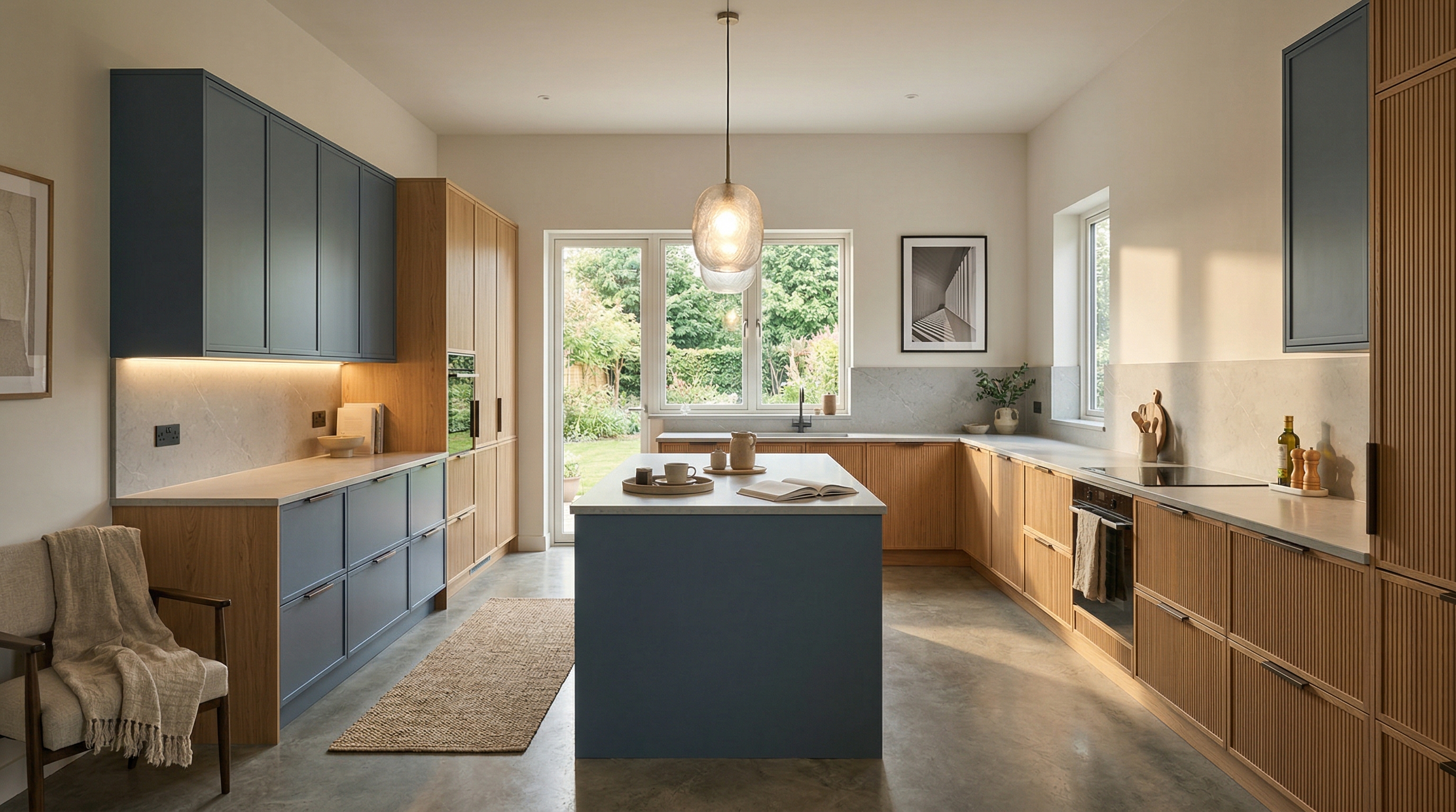 Wide view of a newly completed bespoke Mastercraft kitchen, matt painted handleless slab cabinetry in heritage green tones