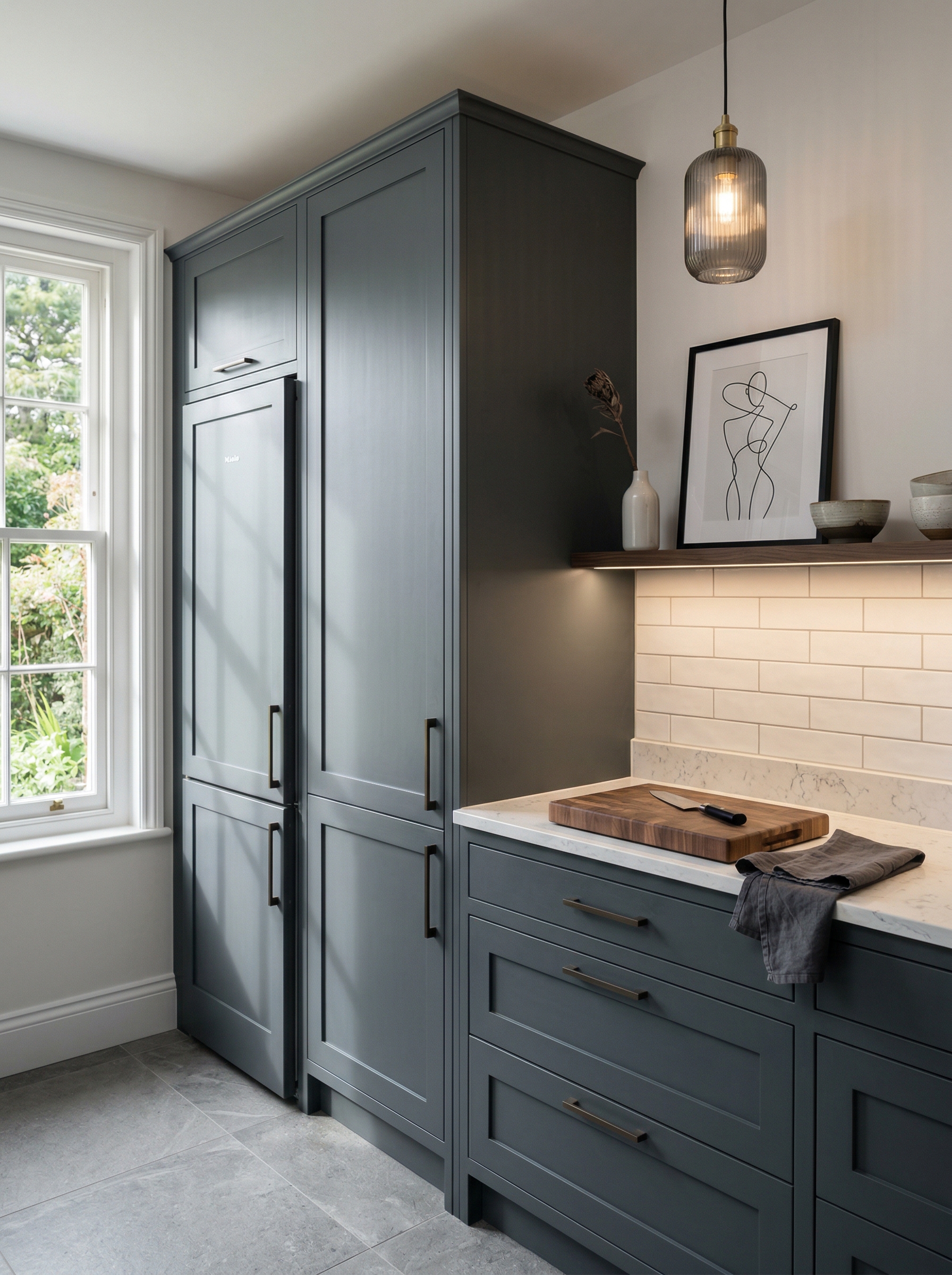 Tall view of full-height bespoke kitchen cabinetry, matt painted handleless slab cabinetry