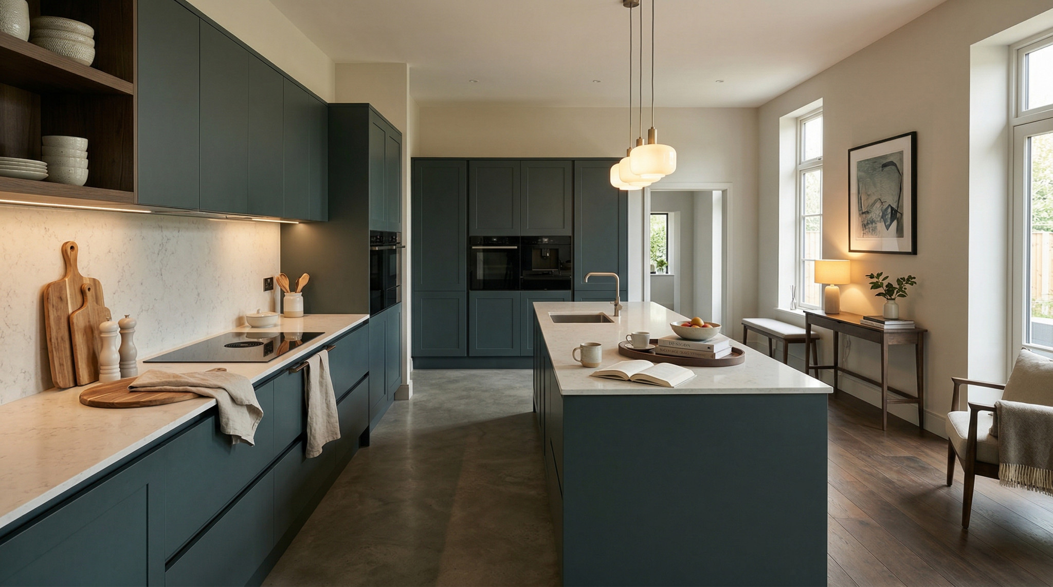 Wide view of a newly completed bespoke Mastercraft kitchen, timber veneer slab-door cabinetry in deep forest tones