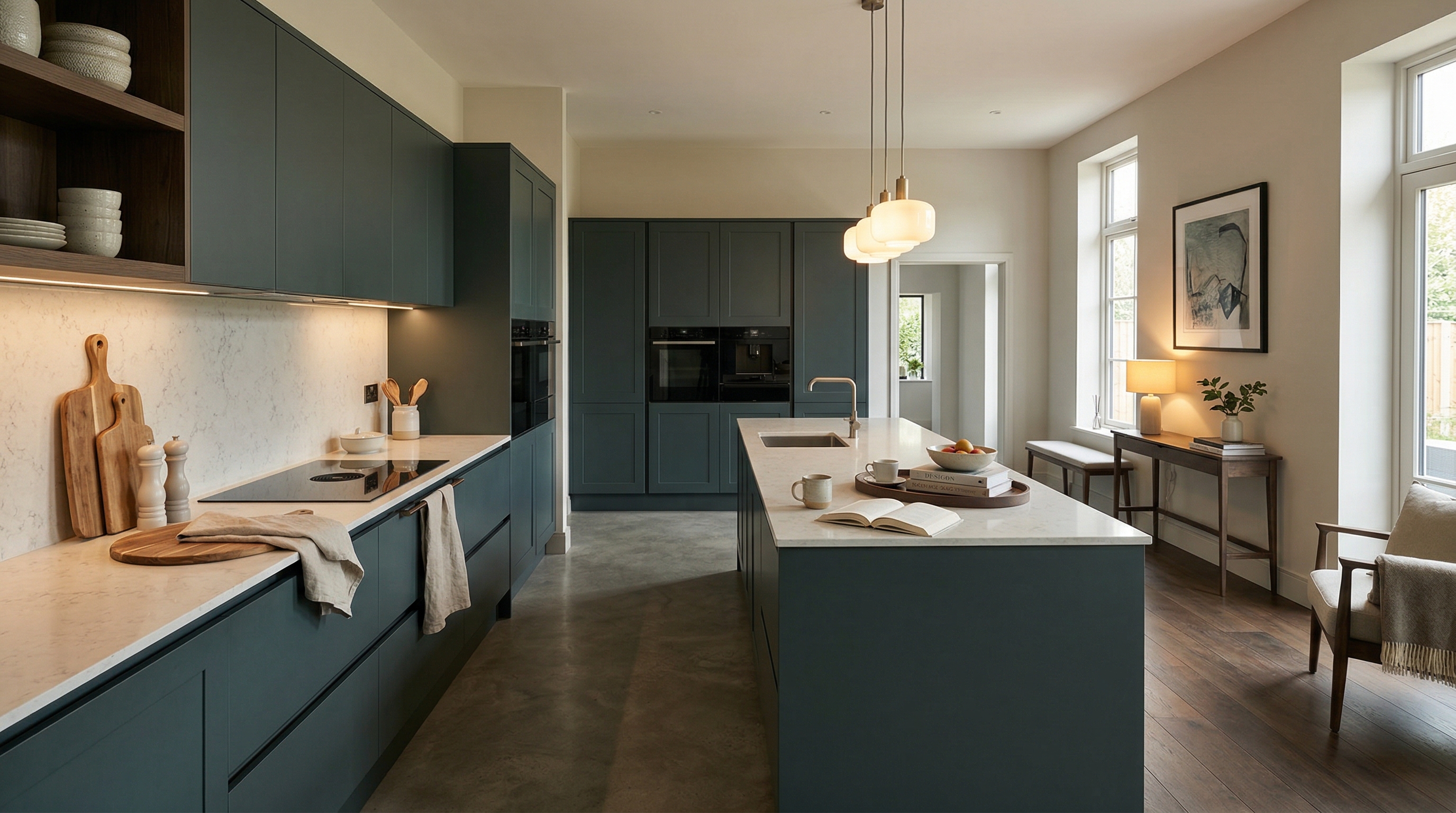 hero_1200x675 Wide view of a newly completed bespoke Mastercraft kitchen, timber veneer slab-door cabinetry in deep forest tones