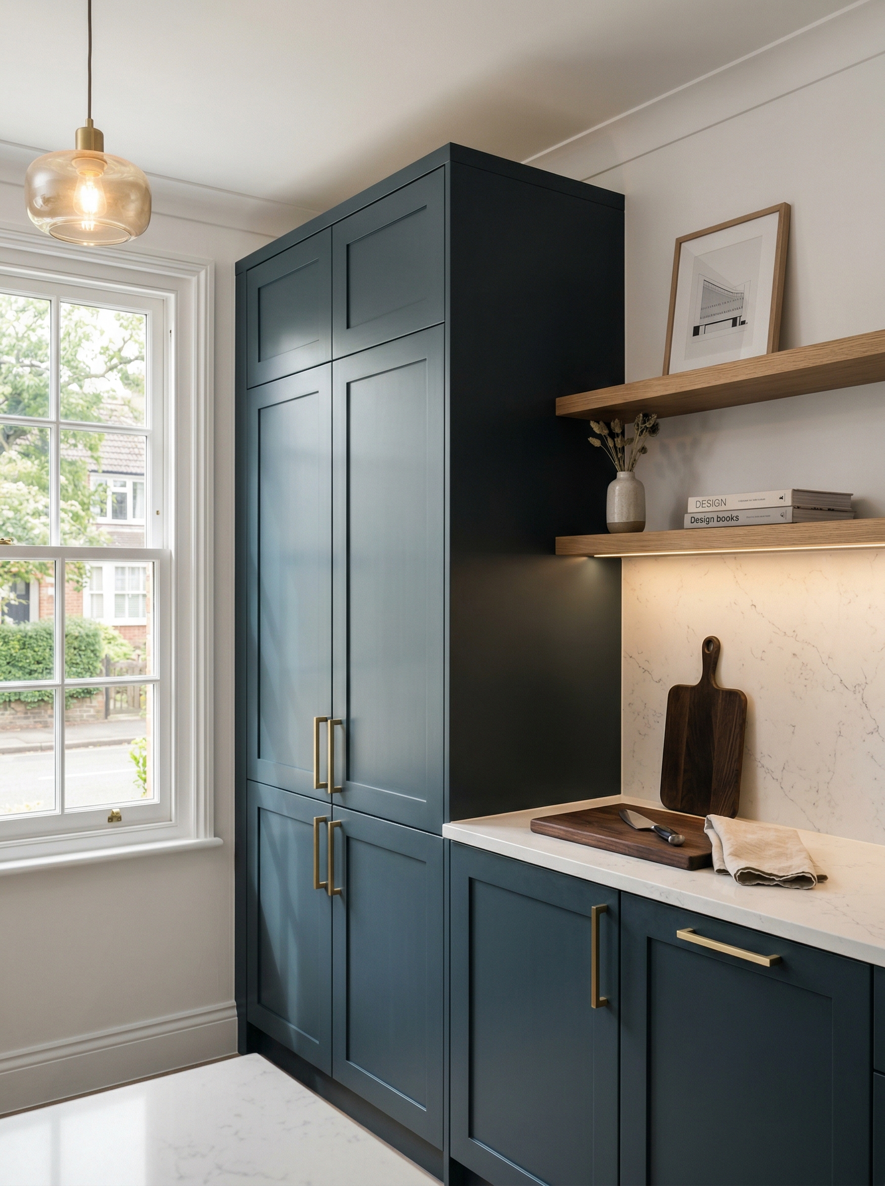 Tall view of full-height bespoke kitchen cabinetry, timber veneer slab-door cabinetry