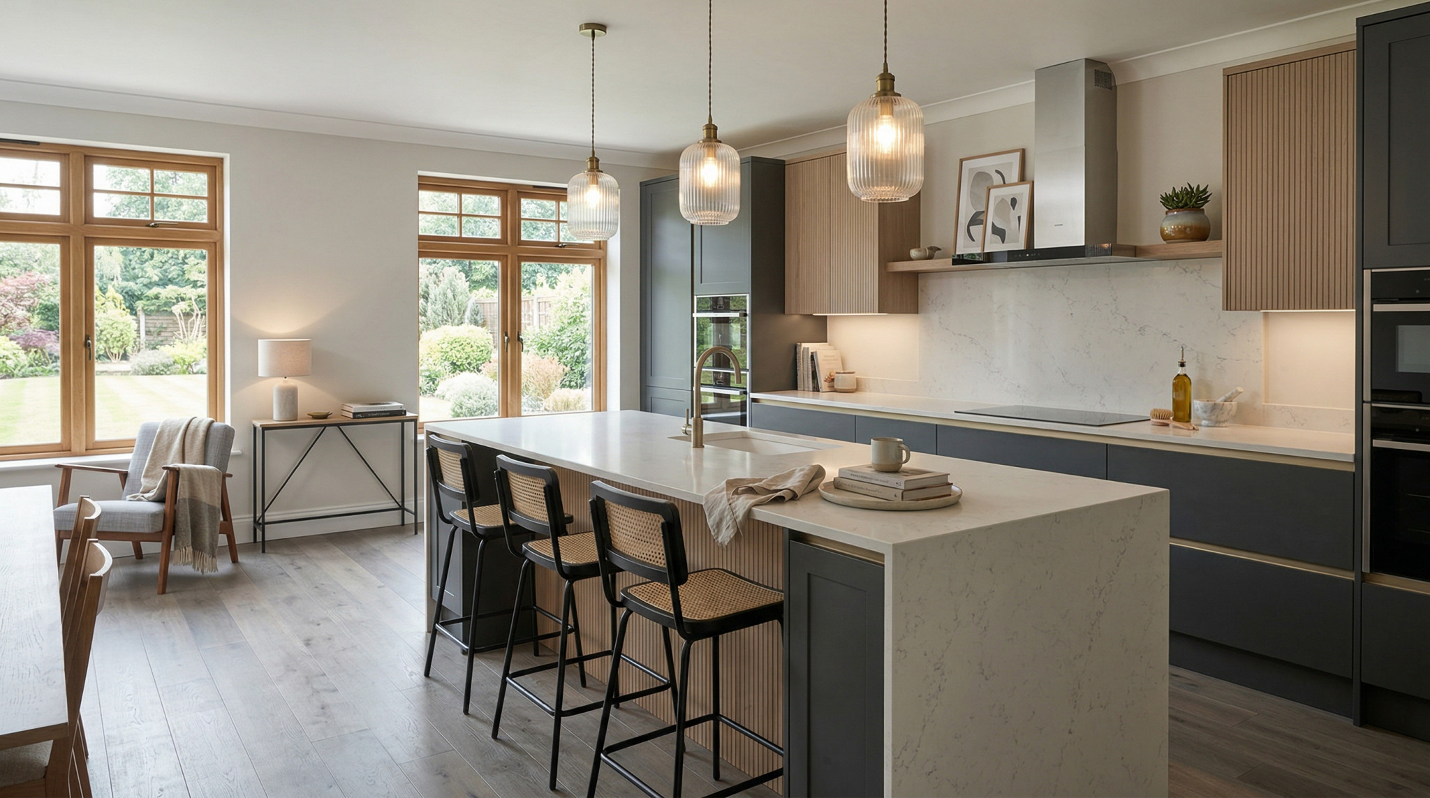 Wide view of a newly completed bespoke Mastercraft kitchen, timber veneer slab-door cabinetry in mussel tones