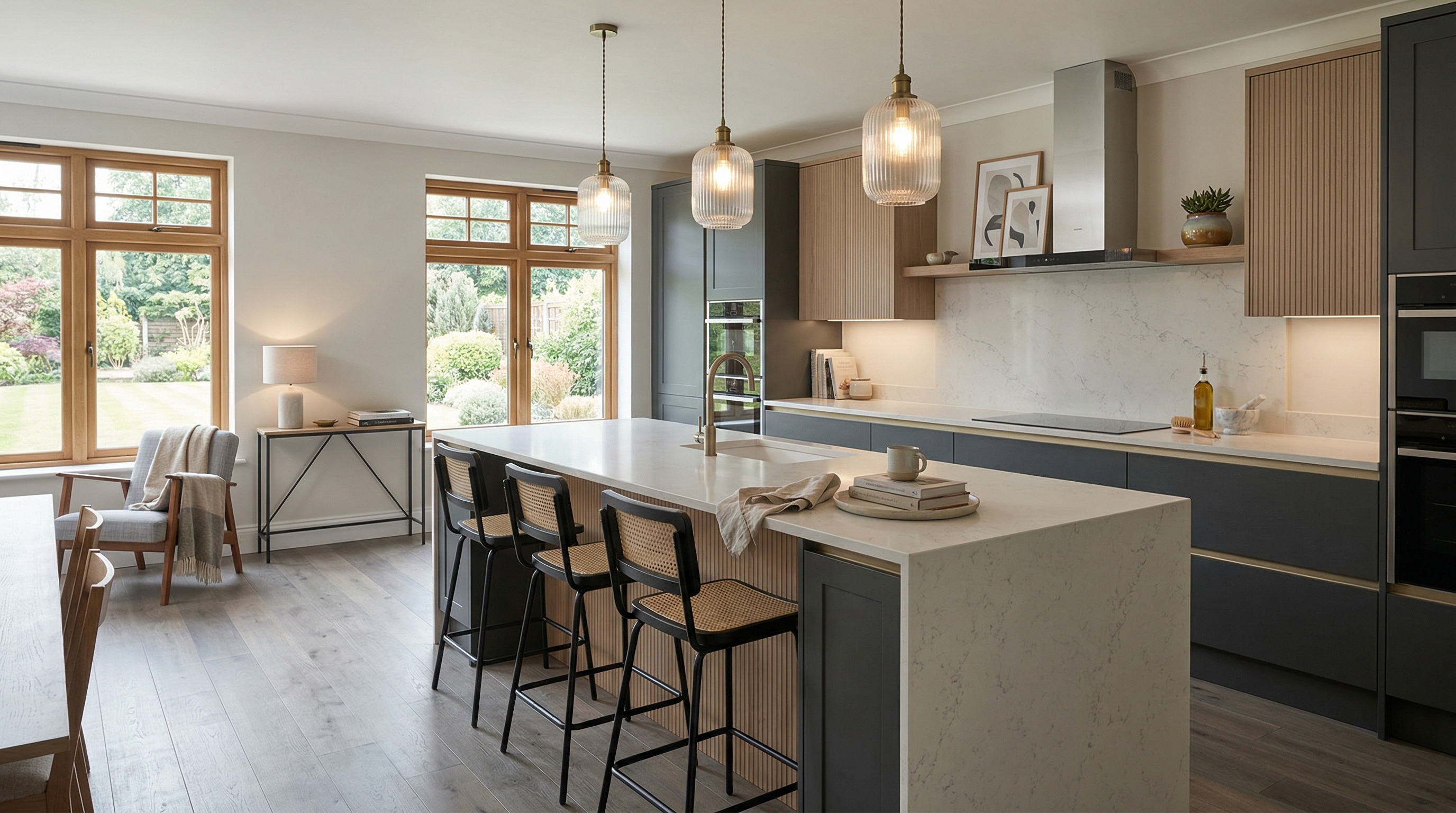 hero_1200x675 Wide view of a newly completed bespoke Mastercraft kitchen, timber veneer slab-door cabinetry in mussel tones