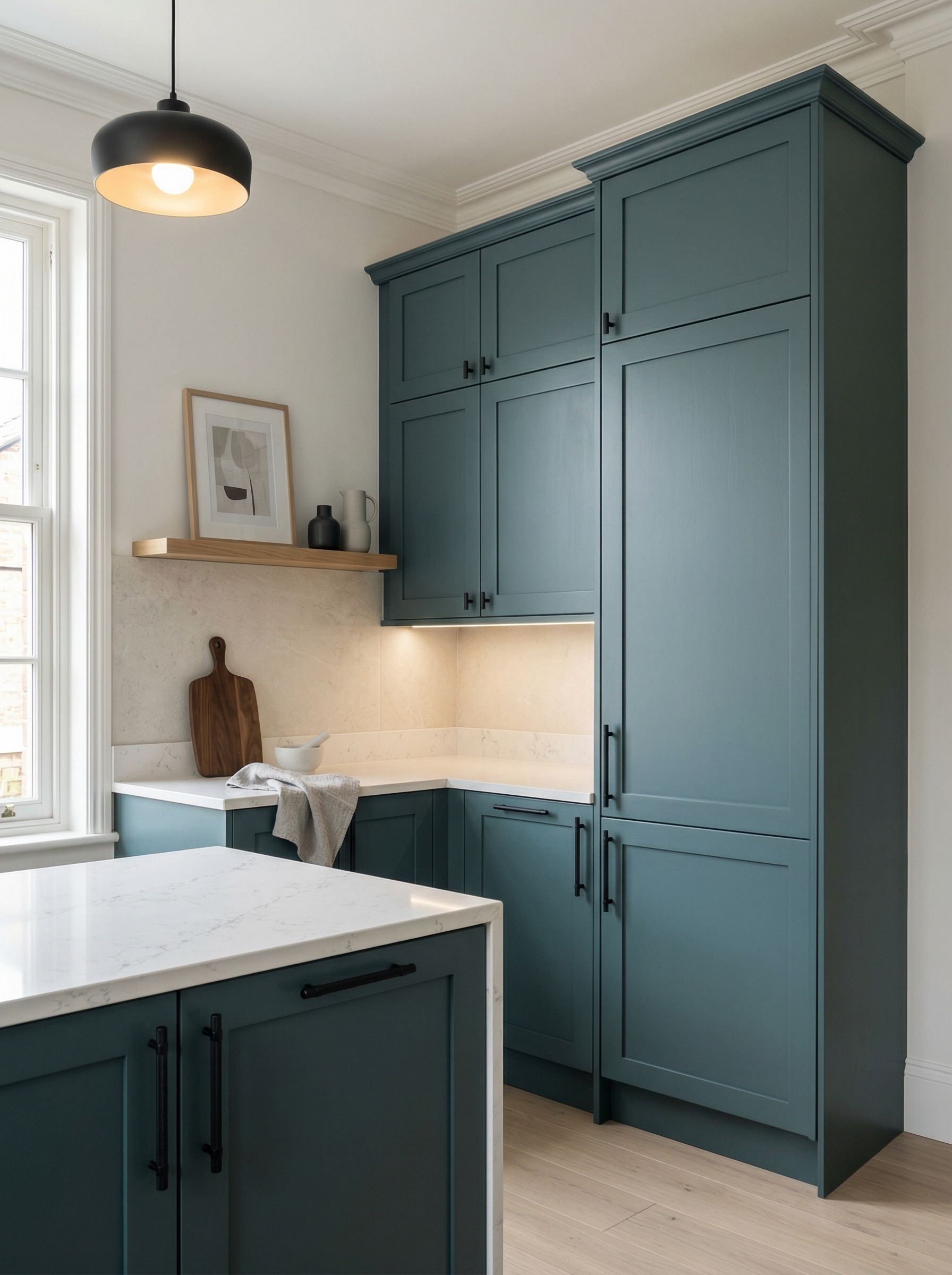 Tall view of full-height bespoke kitchen cabinetry, timber veneer slab-door cabinetry