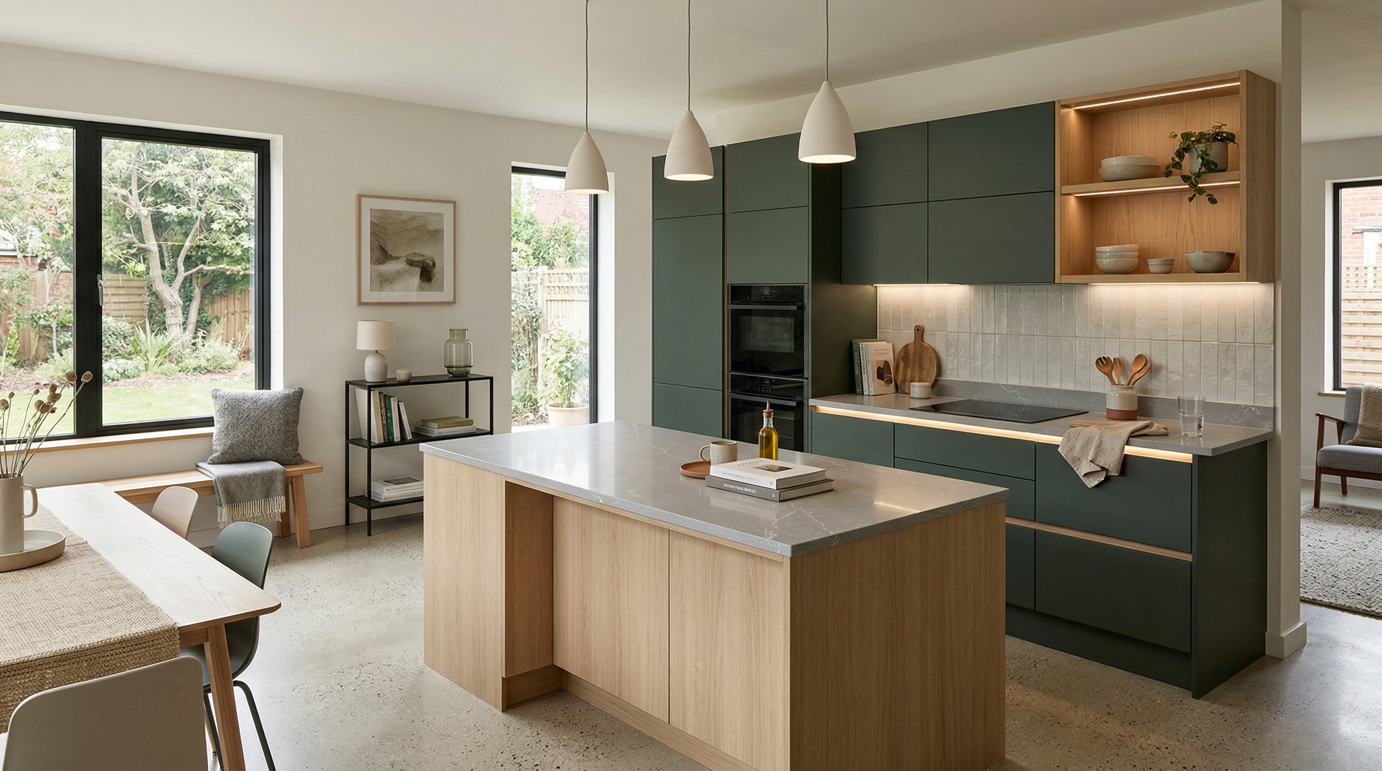 Mastercraft bespoke kitchen in Bishopston, wide architectural view showing room volume and design quality