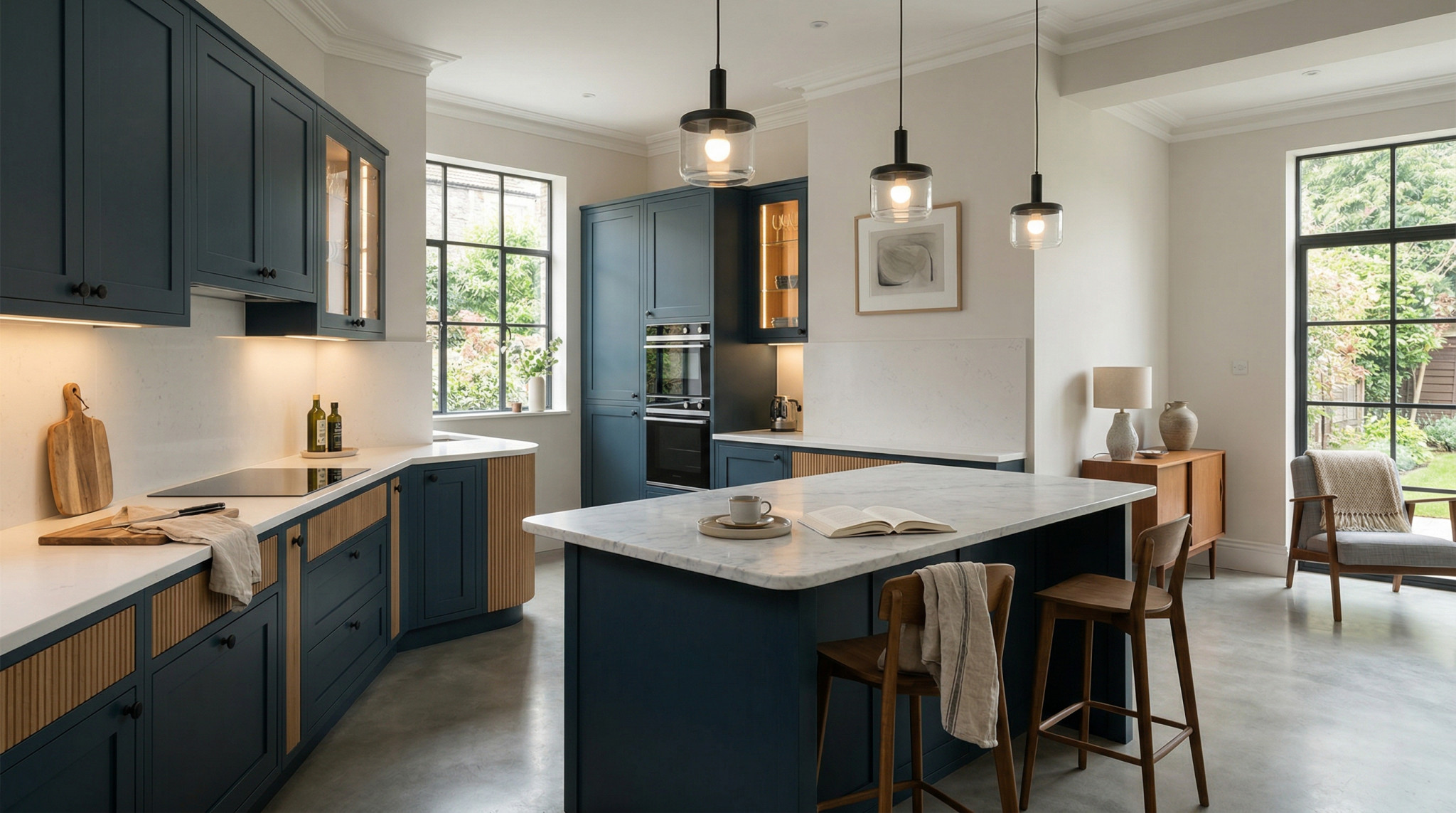 Wide view of a newly completed bespoke Mastercraft kitchen, contemporary painted lay-on cabinetry in graphite tones